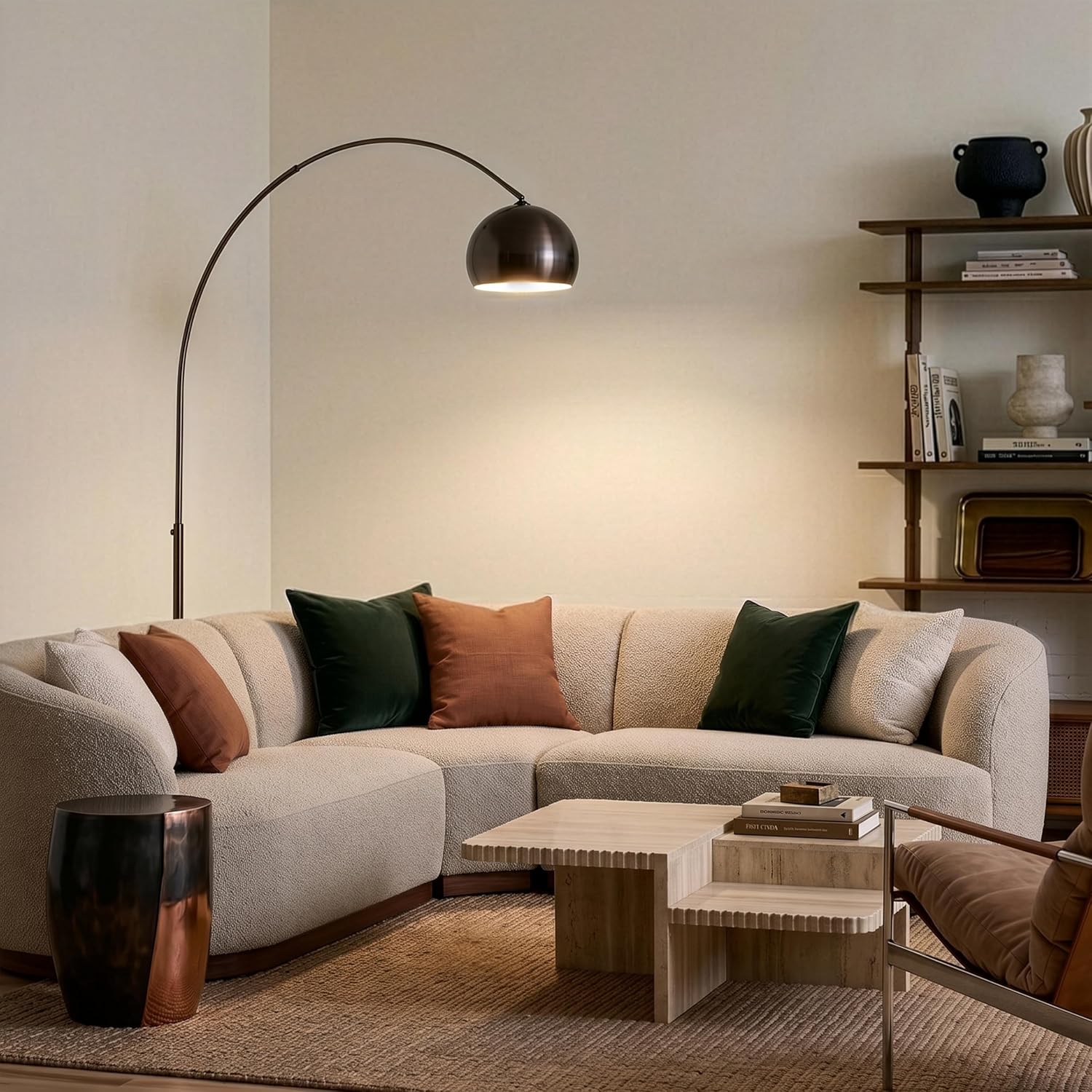Brightech Olivia LED Floor Lamp - Tall Arc Lamp with Metal Dome Head and Marble Base for Living Room, Standing Reading Lamp with LED Bulb for Bedroom, Office - Oil Brushed Bronze