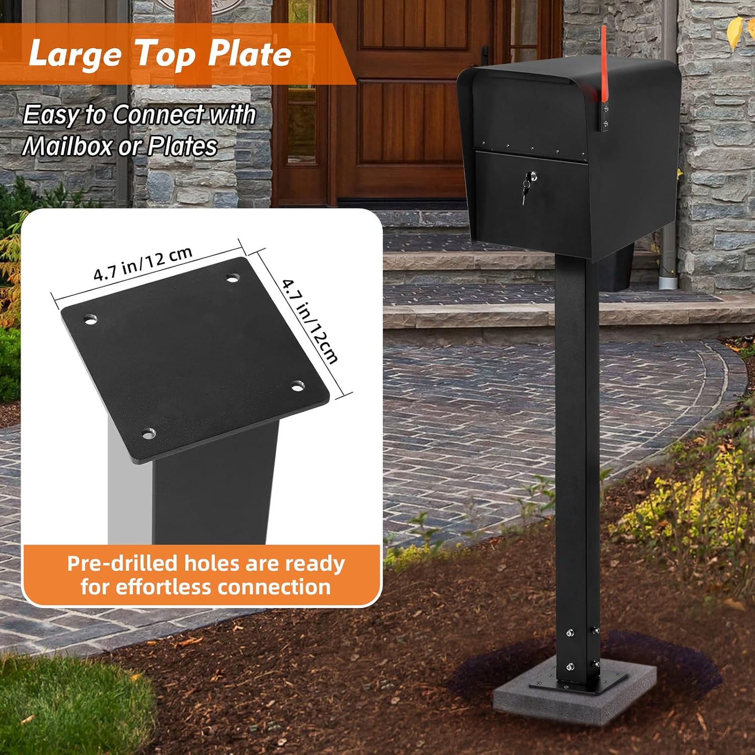 43 Inch Steel Mailbox Post with Post Base, Heavy Duty In-Ground Mounting Post for Outside, Q235 Mail Box Post for Street Curbside, Mailbox Post Kit for Sidewalk, Black