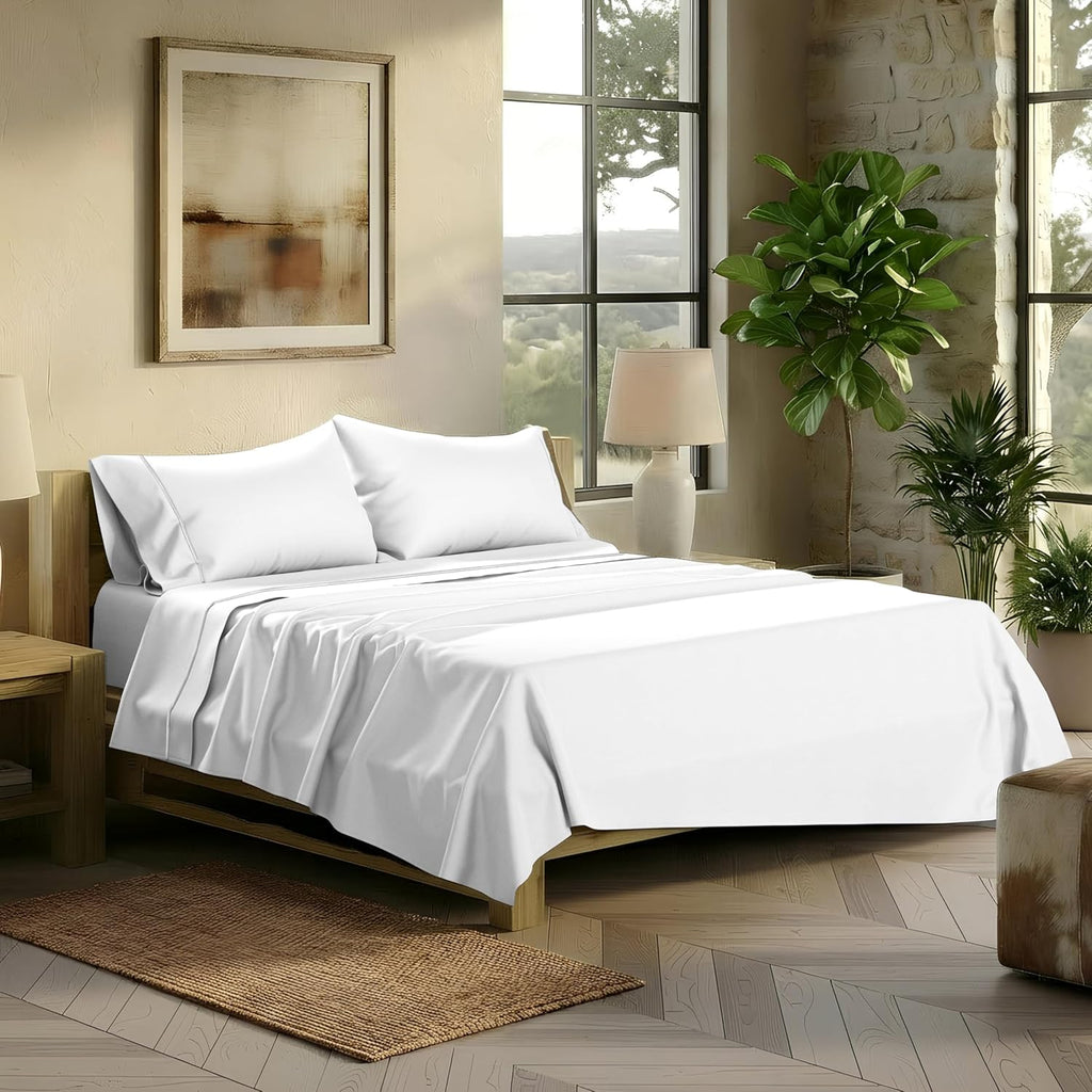 TEXAS LINEN CO. 100% Egyptian Cotton Sheets King Size - Snoozin' Supreme Collection 2000 Series Luxury King Bed Sheet Set, Cooling Sateen Weave, 17' Extra Deep Pocket Hotel Sheets (4 Pc, White)