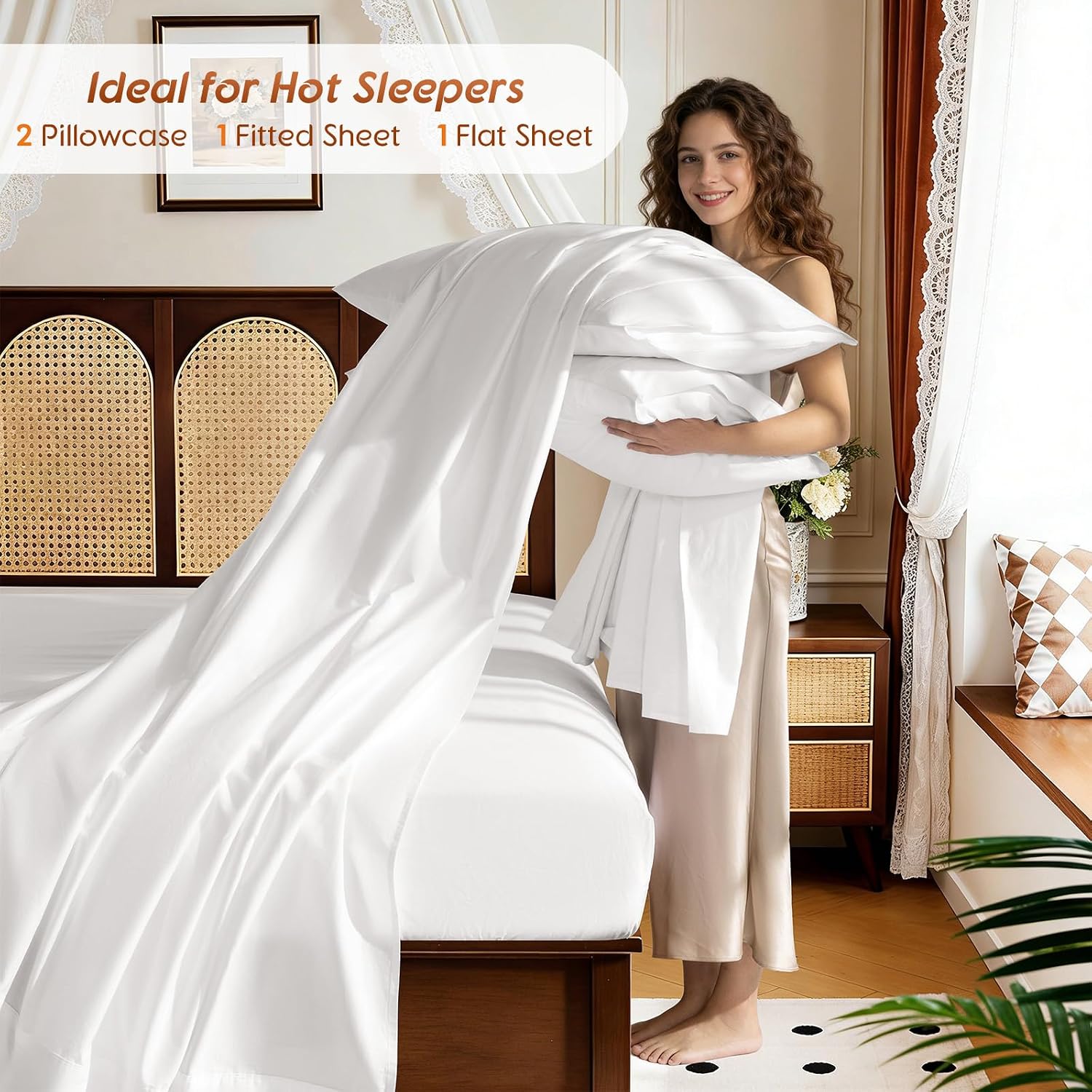 1200 Thread 100% Egyptian Cotton Sheet Sets Queen Size 4 Pcs Soft Bed Sheets, 16' Deep Pocket Luxury Bedding Set for All Season (Queen, White)