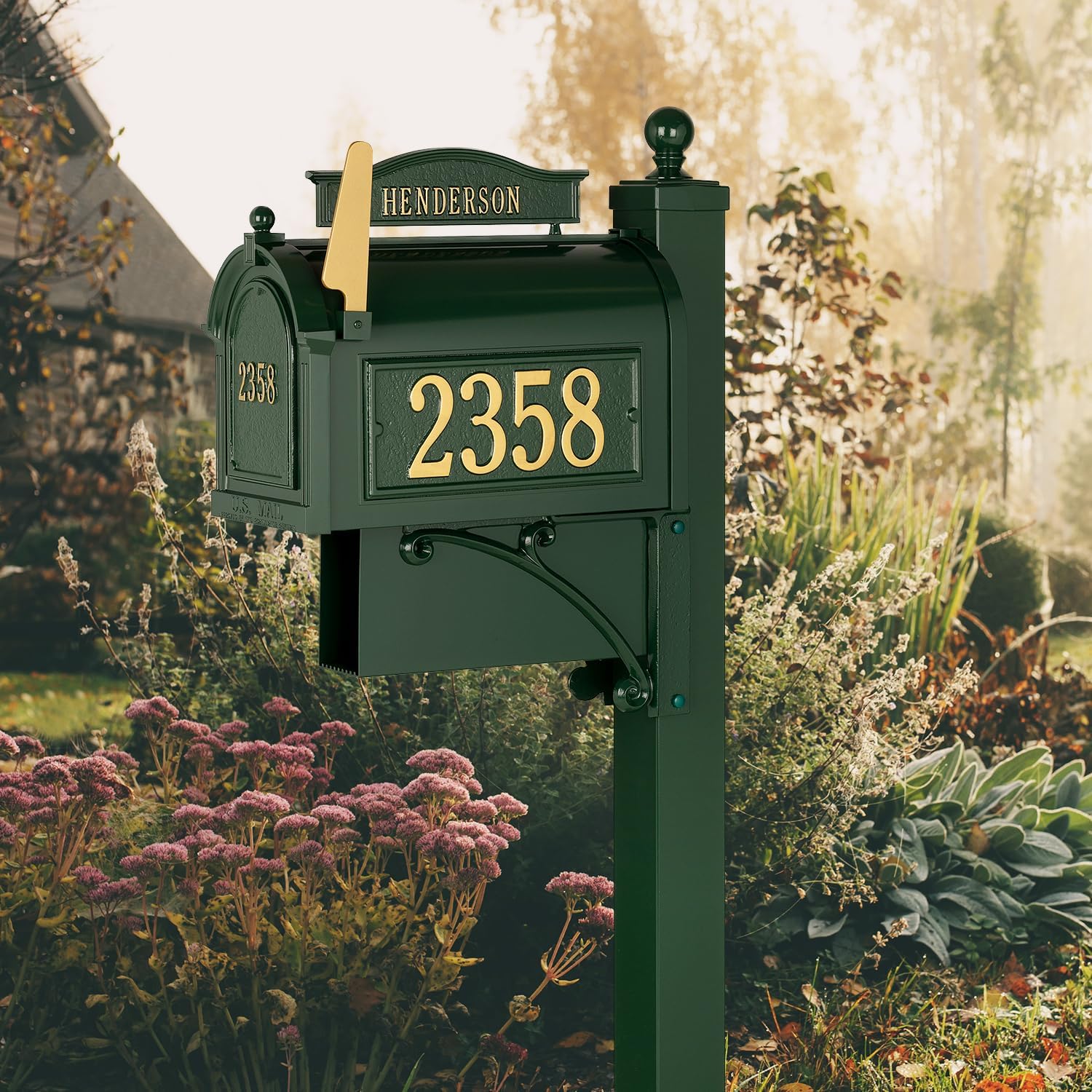 Whitehall Ultimate Mailbox Package, Personalized Large Mailbox with Post and Address Plaque for Outside - Green/Gold