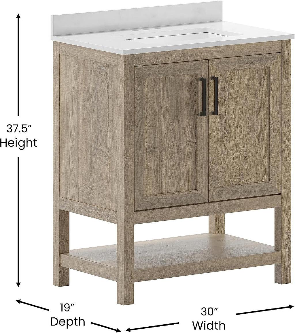 Flash Furniture Vega 30 Inch Bathroom Vanity with Sink Combo, Storage Cabinet with Soft Close Doors and Open Shelf, Carrara Marble Finish Countertop, Brown/White