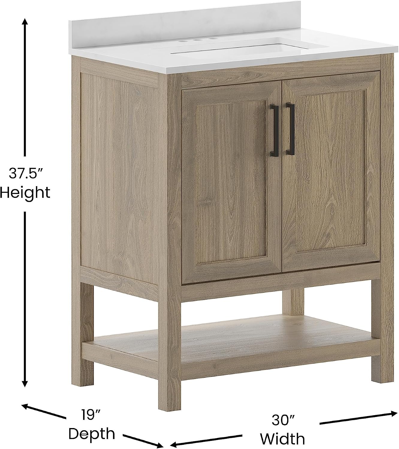 Flash Furniture Vega 30 Inch Bathroom Vanity with Sink Combo, Storage Cabinet with Soft Close Doors and Open Shelf, Carrara Marble Finish Countertop, Brown/White