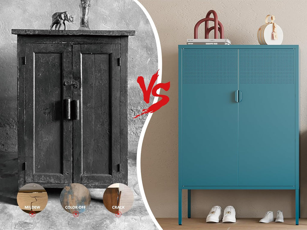 Metal Storage Cabinet,2 Door TV Stand, Metal Mesh Accent Cabinet,Magnetic Door Closure,Low Storage Cabinets with Doors and Shelves