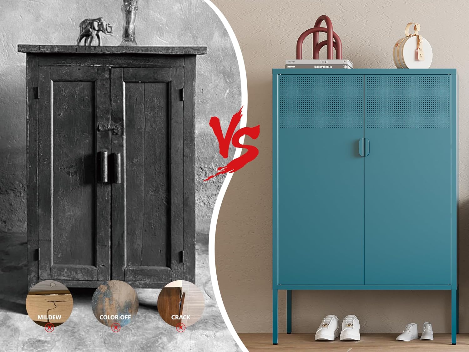 Metal Storage Cabinet,2 Door TV Stand, Metal Mesh Accent Cabinet,Magnetic Door Closure,Low Storage Cabinets with Doors and Shelves