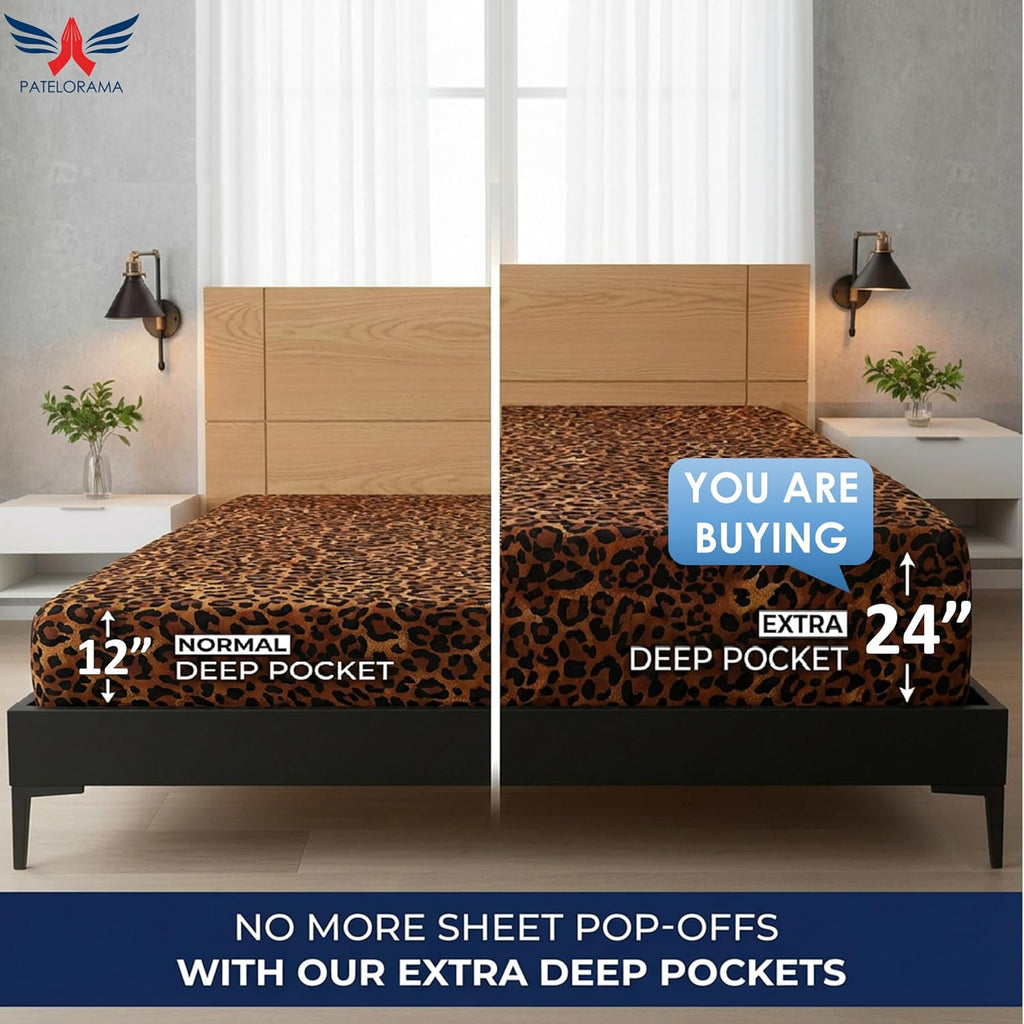 Extra Deep Pocket Sheet Set 24 inch 1000 Thread Count|Texas King Size, Leopard Print Color|100% Long Staple Egyptian Cotton, High Pocket Fitted Sheet for Thick Mattress, Sateen Weave, Luxury Bedding