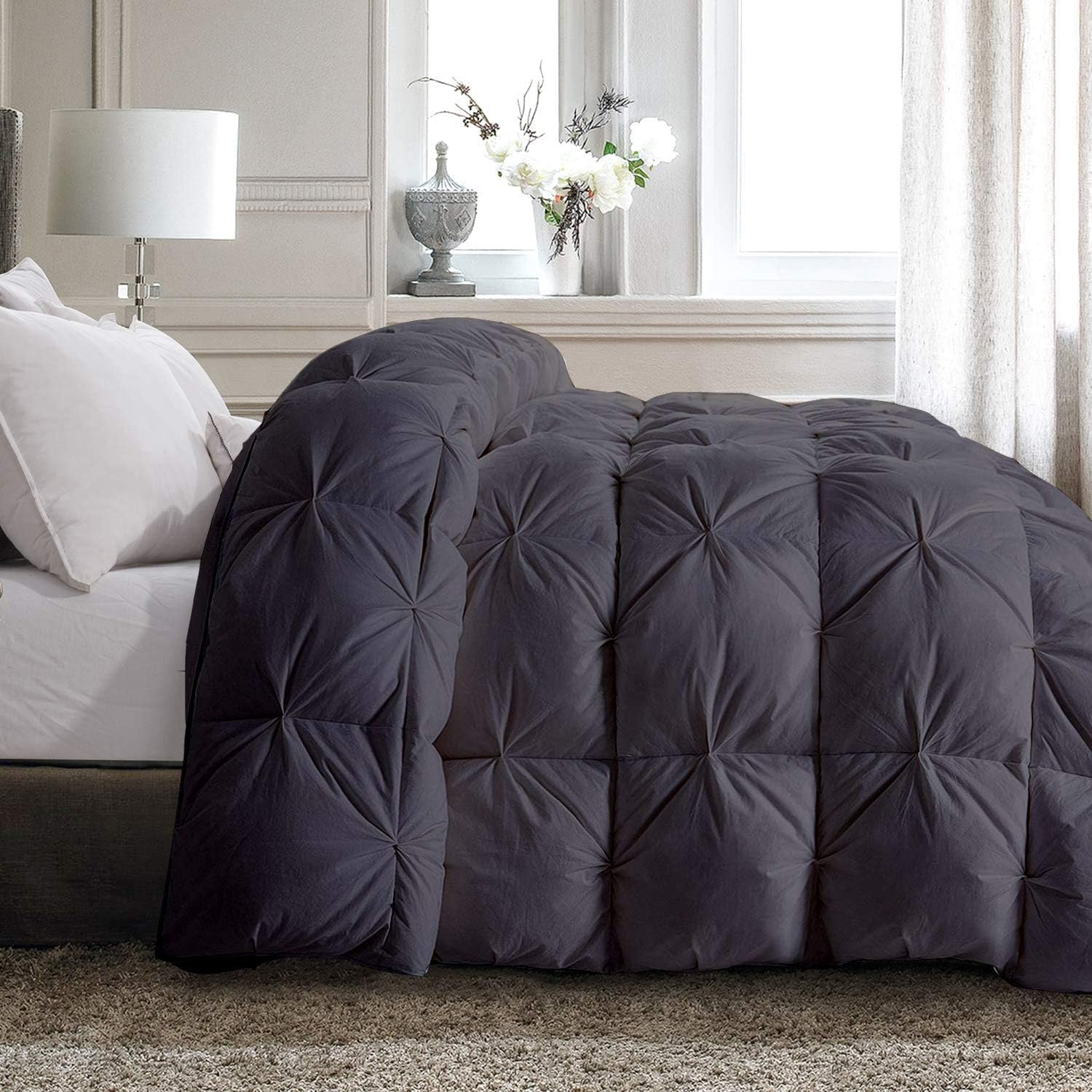 Pinch Pleated Soft 400 GSM All Season Dark Grey 5 Piece Queen Size Comforter Set (Comforter + 4 Pillowcases) 600 Series Egyptian Cotton Comforter Bedding Set