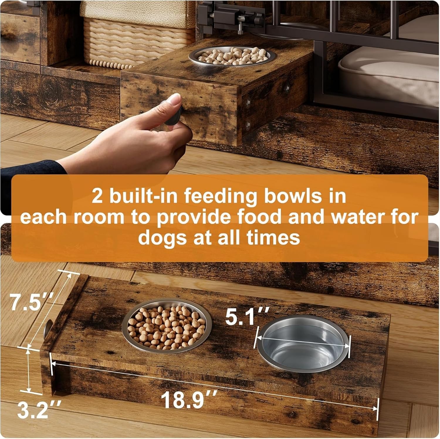 GAOMON Dog Crate Furniture for 2 Dogs, 78.7'' Large Dog Kennel Indoor with 2 Storage Drawers, 3 Shelves and Feeding Bowls, Double Dog Crate TV Stand for Small and Medium Dogs, Brown