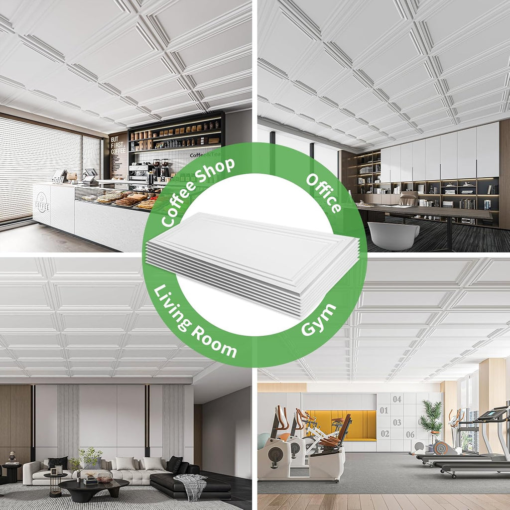 Art3d Drop Ceiling Tiles 12 Pack, 24x48 3D Textured PVC Ceiling Tiles 2x4 for Interior Decoration, Covers 96 sq.,ft, for Home, Office, Store, Rectangular White