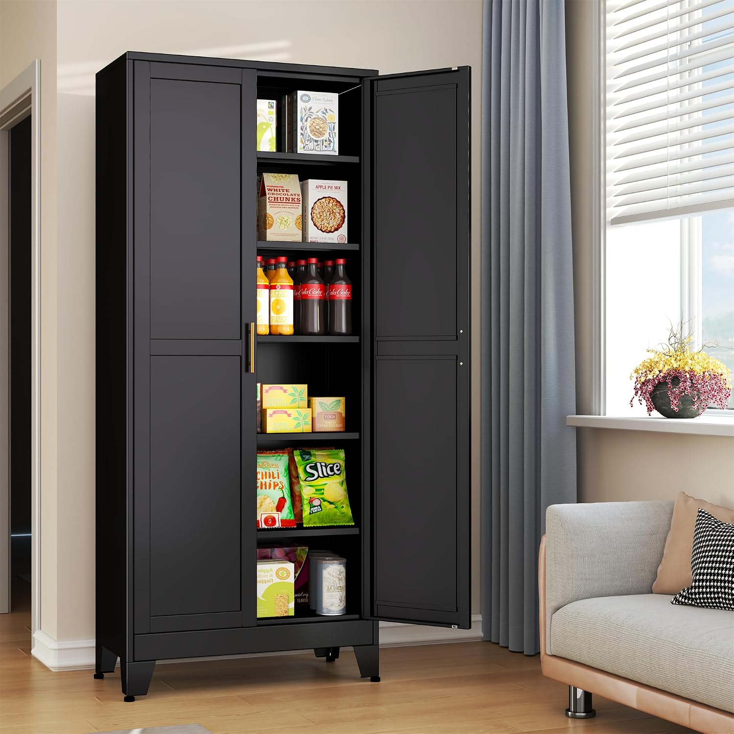 erosoei 75.2'H Metal Kitchen Pantry Storage Cabinet, Storage Cabinets with Adjustable Feet and Shelves,Food Pantries Cupboard for Kitchen, Living Room, Laundry Room and Dinning Room（Black）