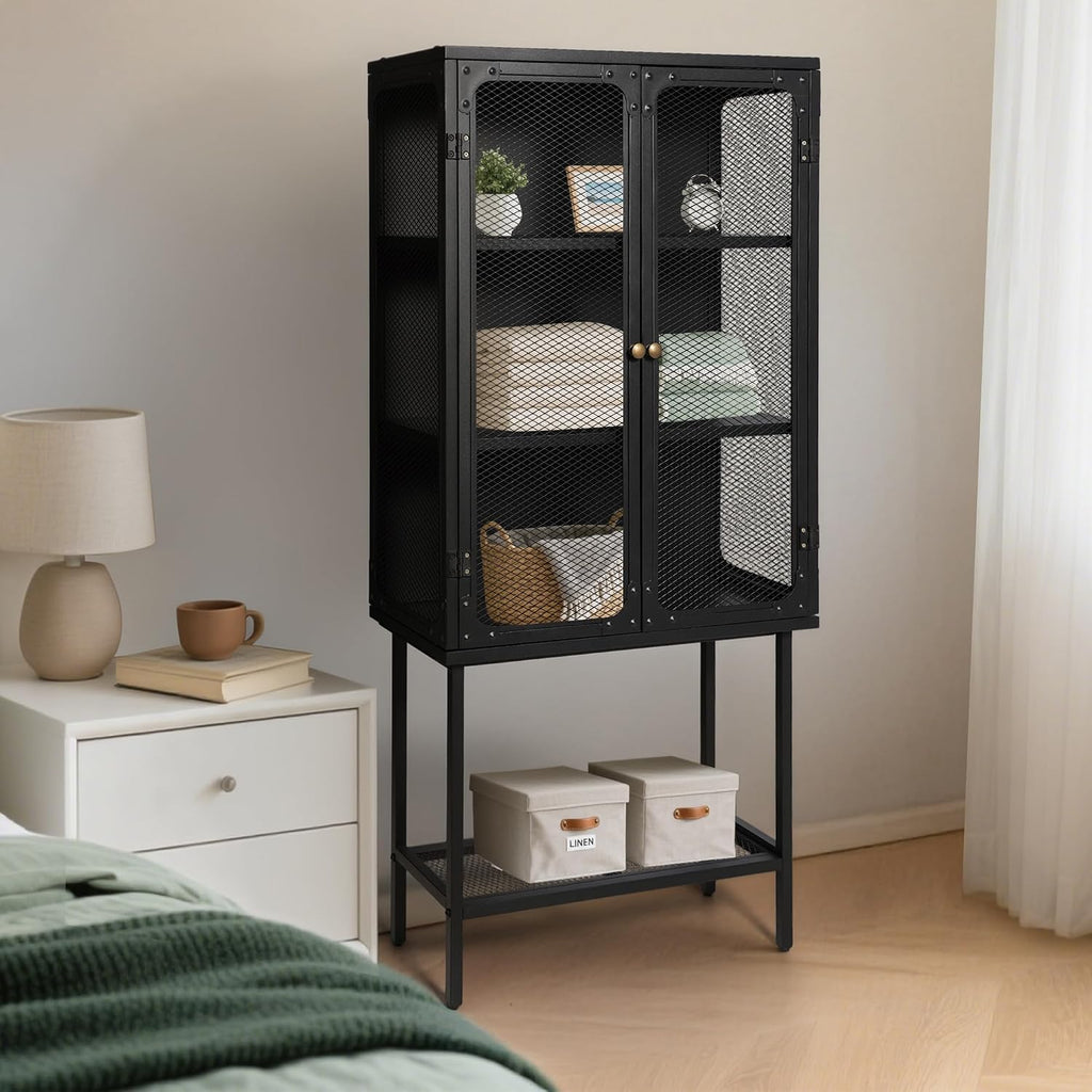 LOKKHAN Industrial Metal Display Cabinet, Black Mesh Door Storage Unit with Retro Handles, 59.1 x 27 x 12.6 Inch Tall Standing Shelving, Magnetic Holders, Adjustable Feet