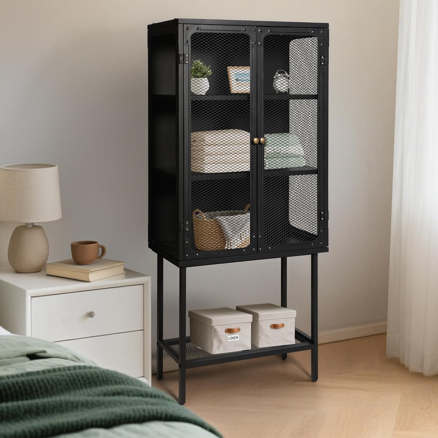 LOKKHAN Industrial Metal Display Cabinet, Black Mesh Door Storage Unit with Retro Handles, 59.1 x 27 x 12.6 Inch Tall Standing Shelving, Magnetic Holders, Adjustable Feet