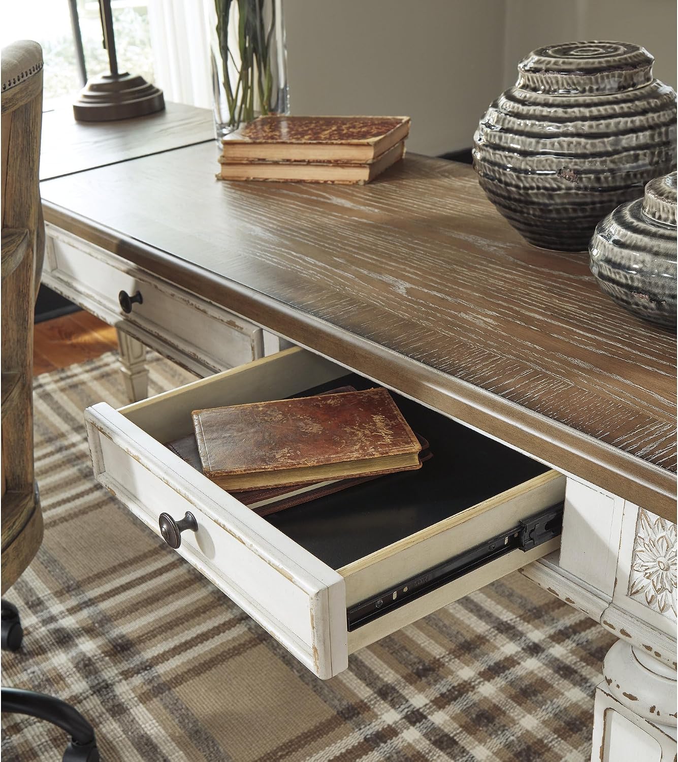 Signature Design by Ashley Realyn French Country 3-Drawer 2-Piece Home Office Desk with Spring Lift Top, USB Ports and AC Plug-Ins, Dark Brown & White