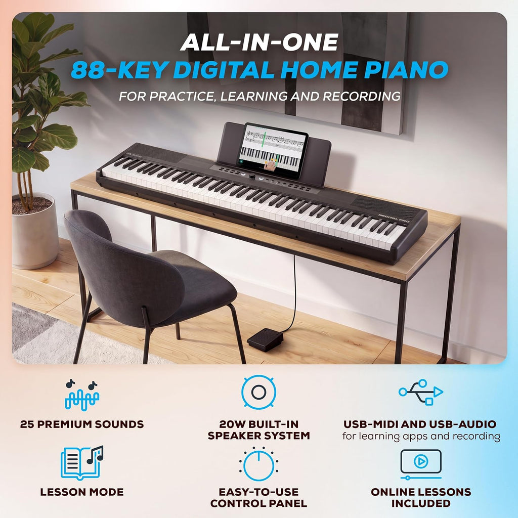 Alesis Recital Pro MKII 88-Key Digital Piano with Weighted Hammer-Action Keys, Speakers, 25 Sounds, USB MIDI and Audio, Sustain Pedal, Skoove and Melodics Piano Lessons
