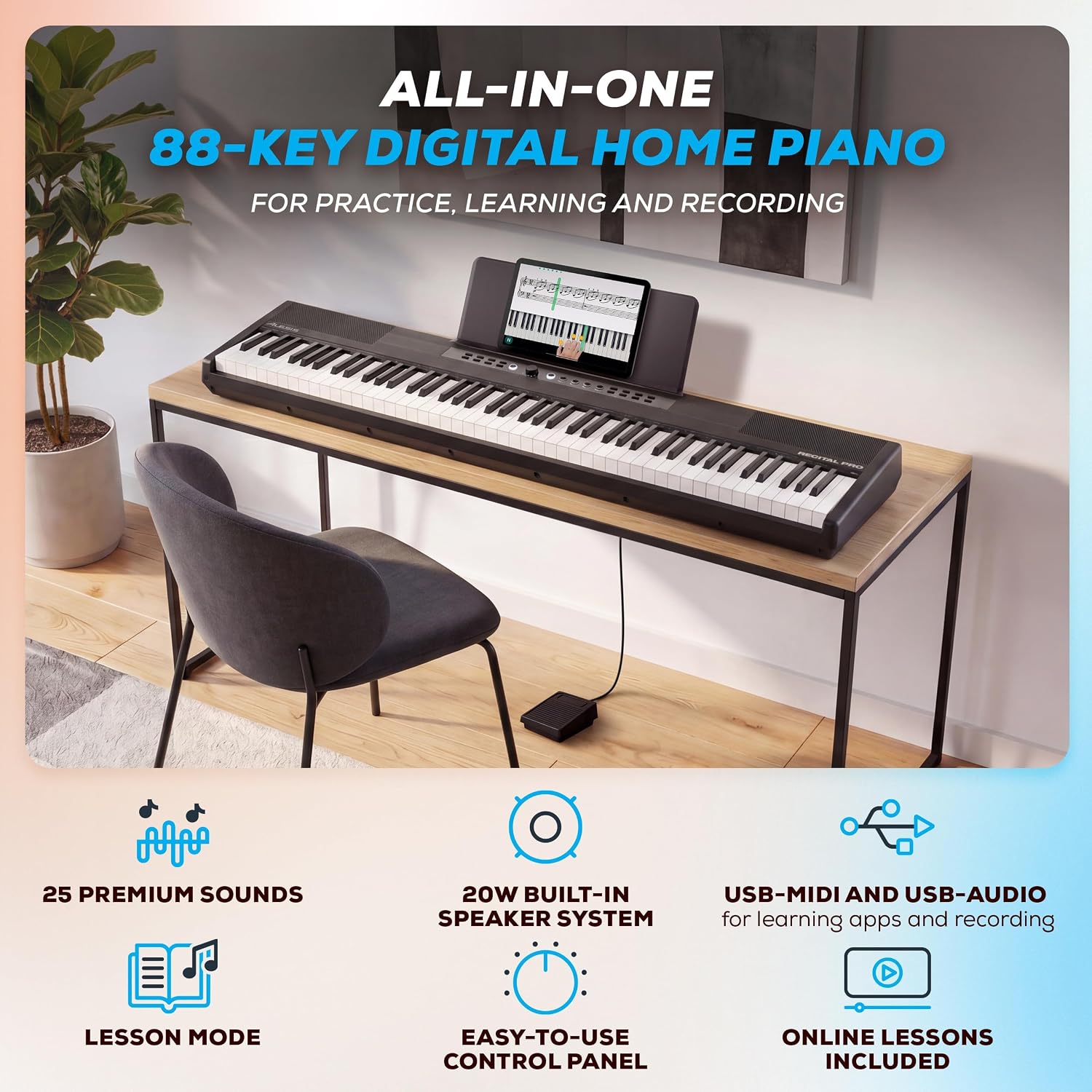 Alesis Recital Pro MKII 88-Key Digital Piano with Weighted Hammer-Action Keys, Speakers, 25 Sounds, USB MIDI and Audio, Sustain Pedal, Skoove and Melodics Piano Lessons