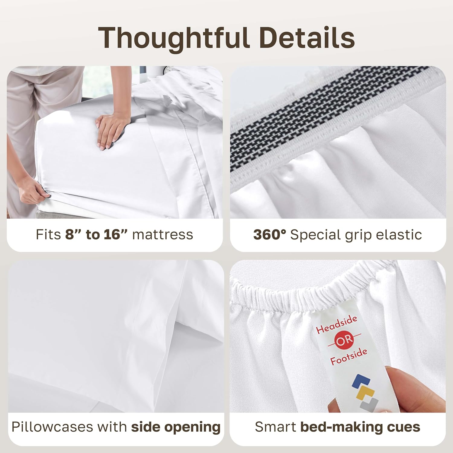 California Design Den White Queen Sheet Set Deep Pocket - 1000 Thread Count Sateen, Thick and Natural 100% Cotton Bedsheets, Durable Bedding Set - White