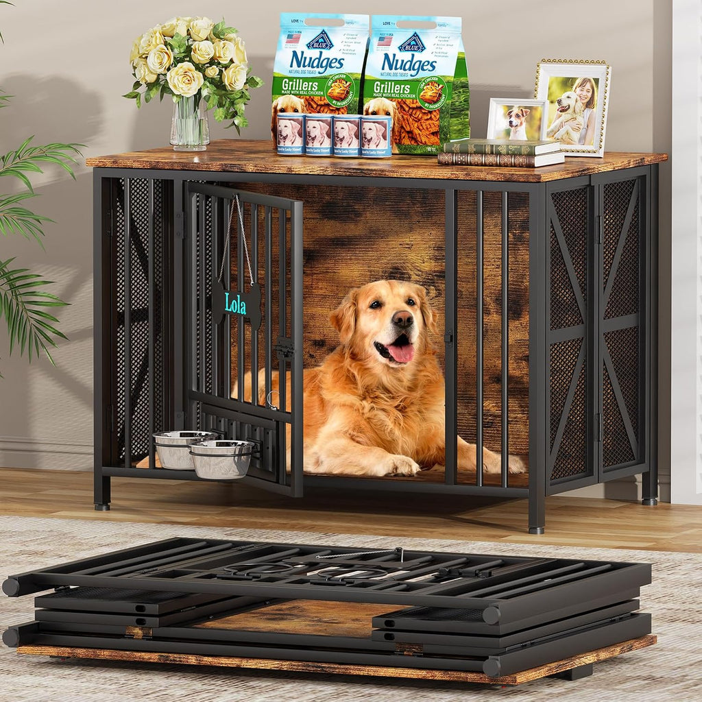 Easycom Foldable Large Dog Crate Furniture, 41.3' Assembly-Free Dog Crates for Large Dogs, Wooden Dog Kennel Indoor with Tag & Dog Bowls, Dog Cage Use as TV Stand, Rustic Brown