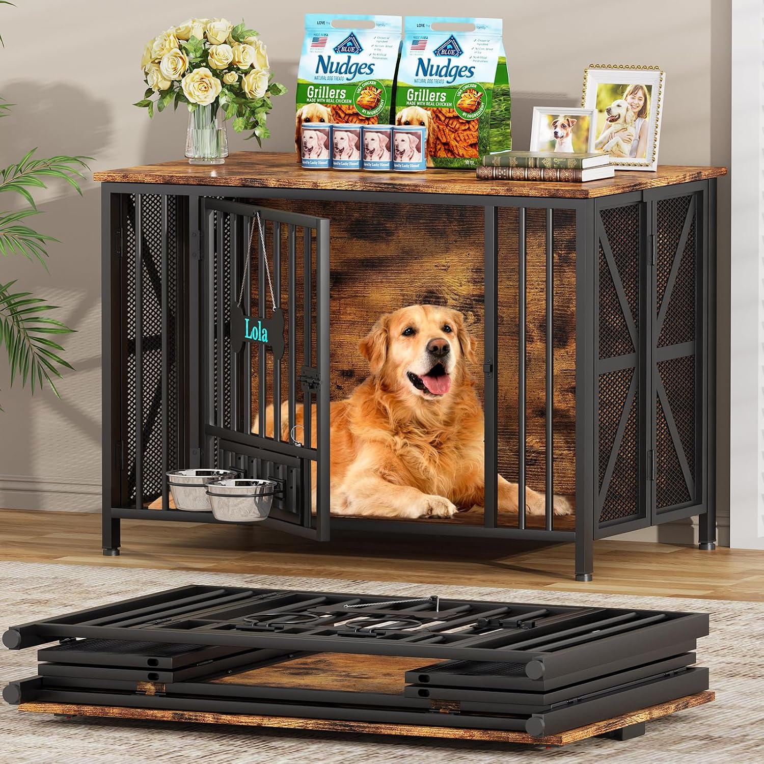 Easycom Foldable Large Dog Crate Furniture, 41.3' Assembly-Free Dog Crates for Large Dogs, Wooden Dog Kennel Indoor with Tag & Dog Bowls, Dog Cage Use as TV Stand, Rustic Brown