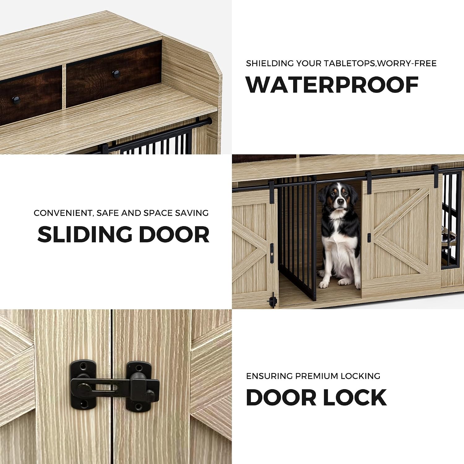 63' Double Dog Crate Furniture – Wooden Dog Kennel Indoor with Sliding Doors, Adjustable Bowls & Storage Drawers – Large Dog Crate TV Stand for 2 Dogs, Beige Wood Grain