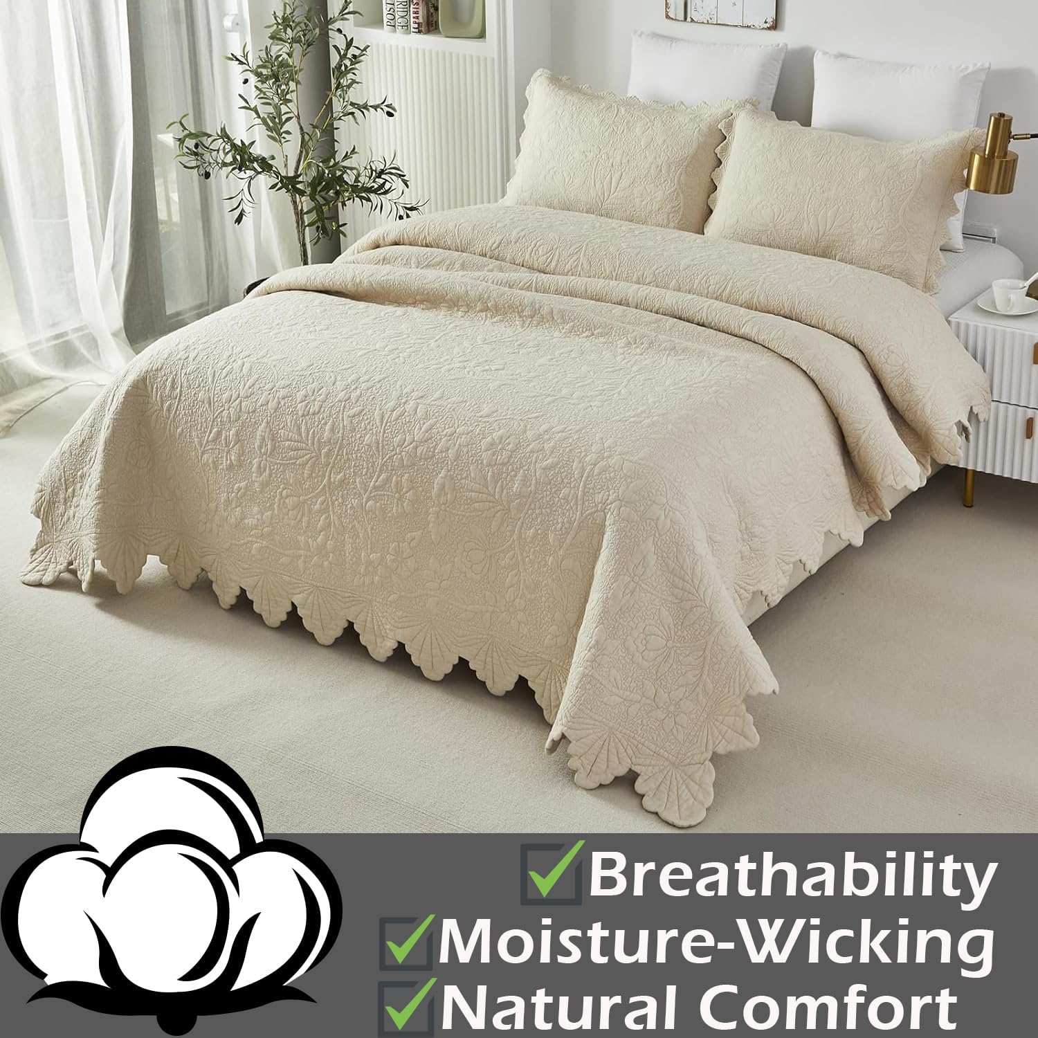 Brandream Queen Size Quilt Set Cotton Beige Quilts Luxury Farmhouse Bedding Set Matelasse Coverlet Scalloped Quilt Set 3-Piece