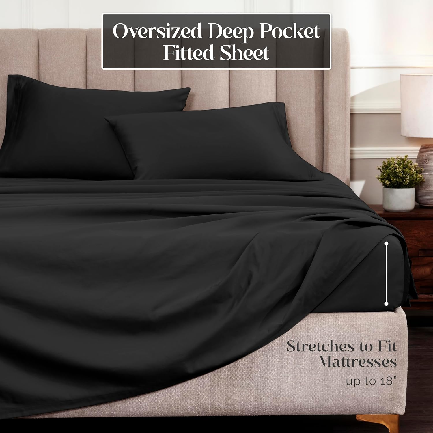 Superior Egyptian Cotton 4 Piece Sheet Set, Luxury 1500 Thread Count, Modern Design, Sustainable Sheets, Ultra-Soft Basics, Solid, Deep Pocket Fitted Sheet, Flat Sheet, Pillowcases, Queen, Black