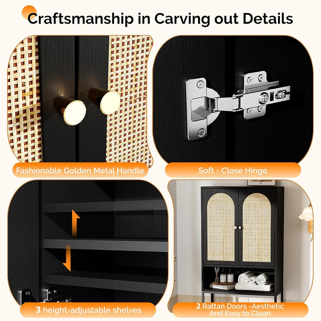 VINGLI Over The Toilet Storage Cabinet, Black Rattan Bathroom Organizer Over Toilet with Adjustable Shelf, Freestanding Space Saver Stand with Soft-Close Doors for Restroom Laundry, Boho Modern
