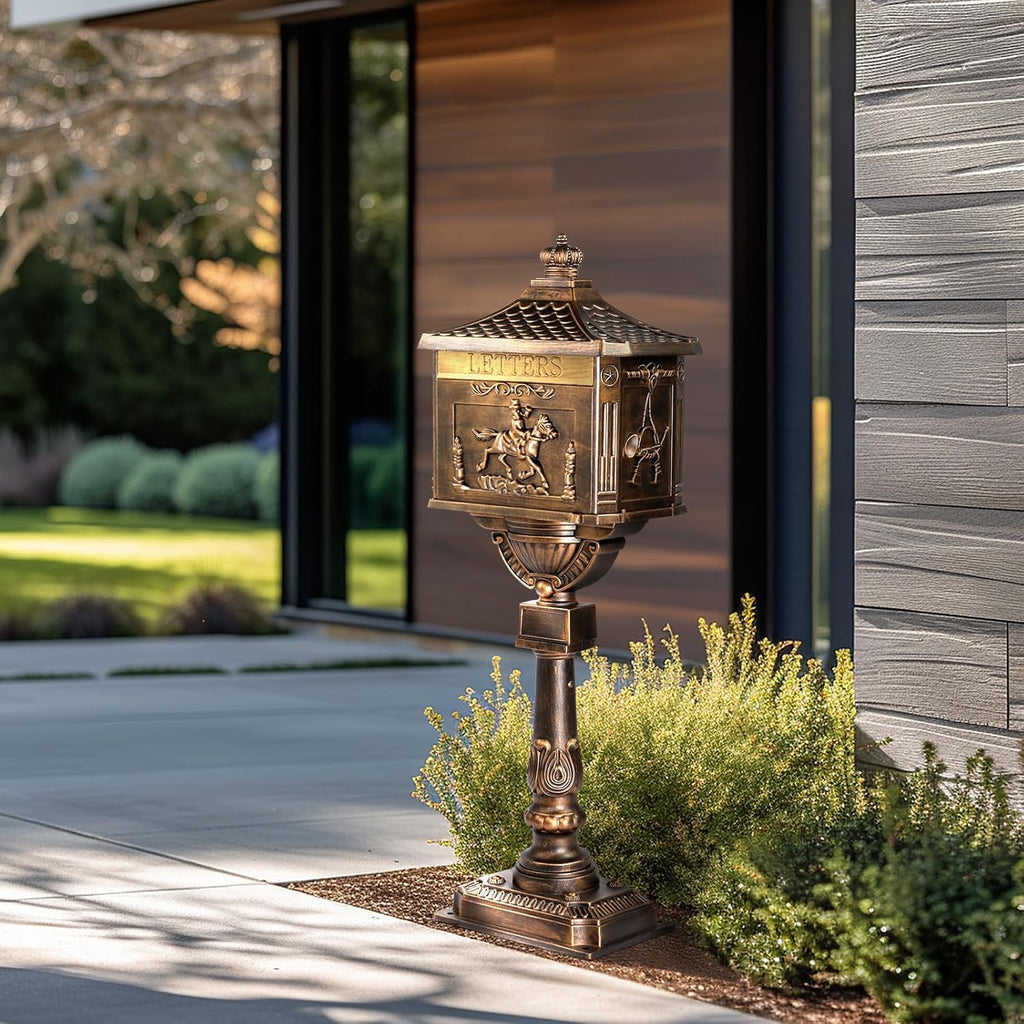 Cast Aluminum Mailbox Postal Box, Locking Mailbox for Outside with Keys, Curbside Mail Manager Outside Weatherproof Rustproof Security Post-Mount Mail Box (Antique Bronze)