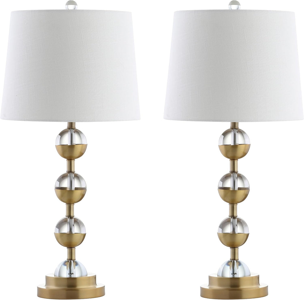 JONATHAN Y 27.5' Clear/Brass Gold Crystal LED Table Lamp Set of 2 for Bedroom, Modern Stacked Sphere Lamps for Living Room, White Linen Drum Shade, LED Bulbs Included JYL2049A-SET2
