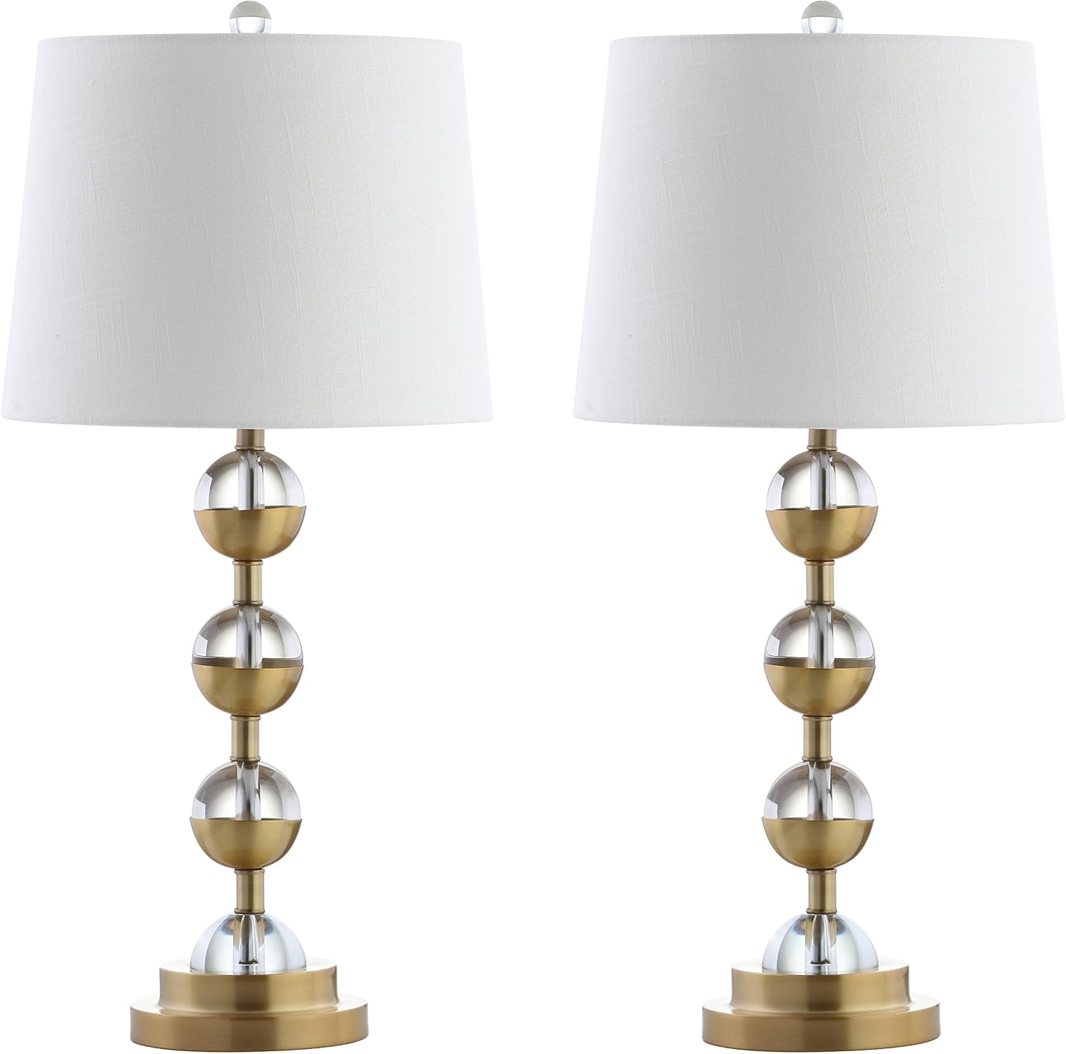 JONATHAN Y 27.5' Clear/Brass Gold Crystal LED Table Lamp Set of 2 for Bedroom, Modern Stacked Sphere Lamps for Living Room, White Linen Drum Shade, LED Bulbs Included JYL2049A-SET2