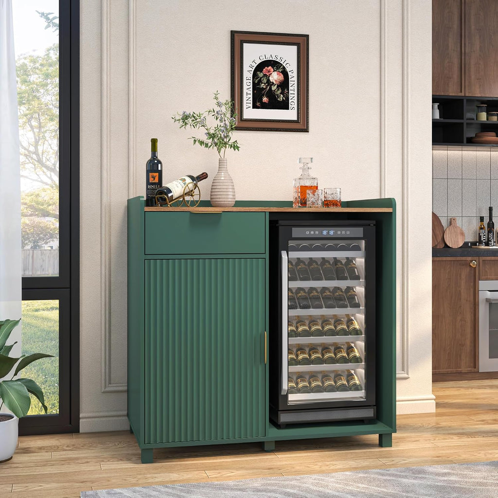 Bar Cabinet with Fridge Space&Fluted Door, Mini Fridge Cabinet with Wine Storage, Modern Sideboard Buffet Cabinet Coffee Station for Dining Room, Living Room, Kitchen, Green