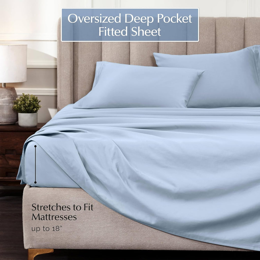 Superior Egyptian Cotton 4 Piece Sheet Set, Luxury 1000 Thread Count, Eco-Friendly, Sustainable Sheets, Ultra-Soft Basics, Solid, Deep Pocket Fitted Sheet, Flat Sheet, Pillowcases, Queen, Light Blue
