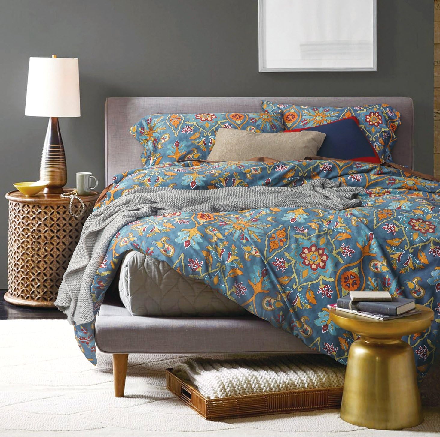 Eikei Damask Medallion Duvet Cover Set, Egyptian Cotton Sateen, 400 Thread Count, Bohemian Pattern (King)