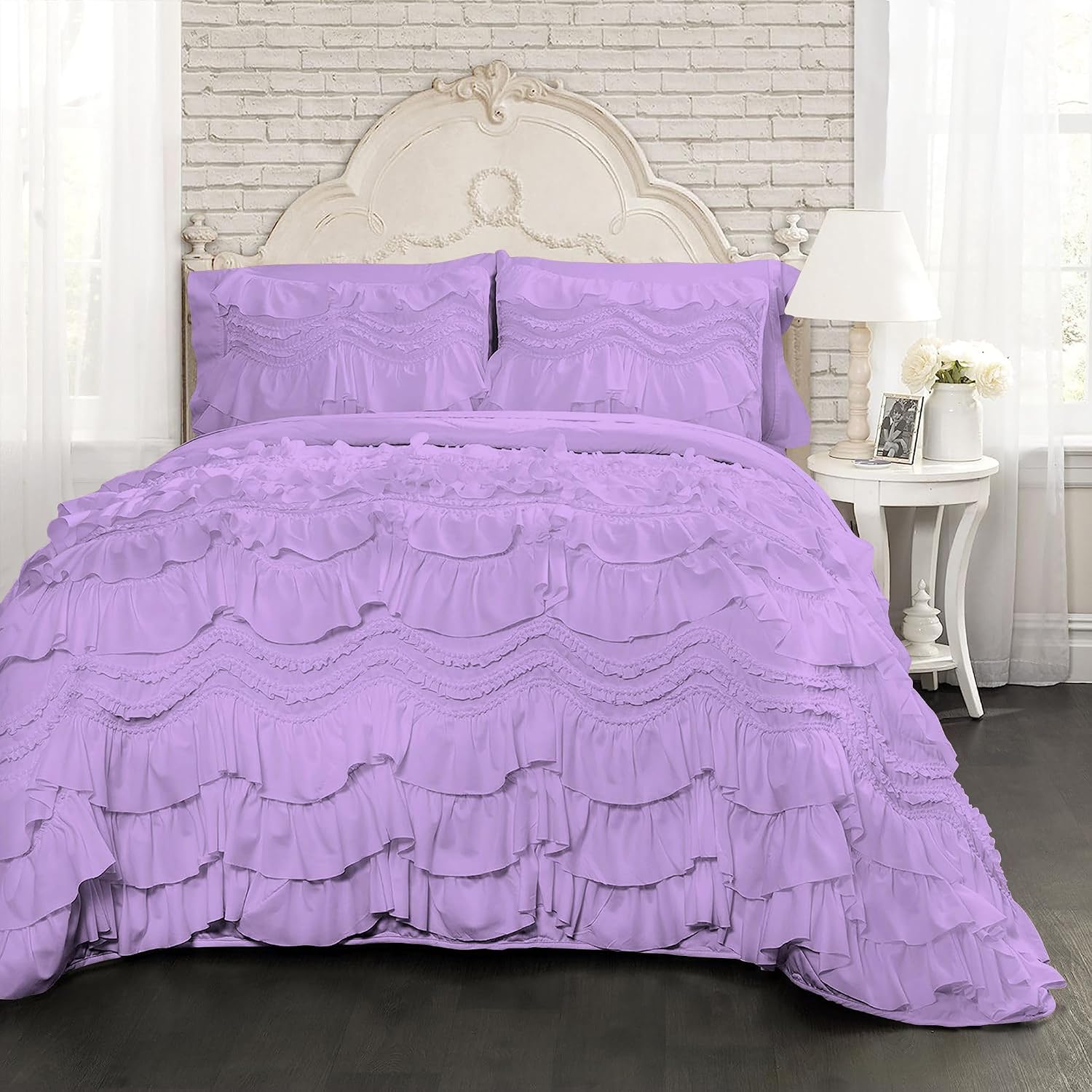 100% Egyptian Cotton, 550 GSM Microfiber Filled Quilt Ruffled Textured 3 Piece Full/Queen Size Comforter Set, Lilac
