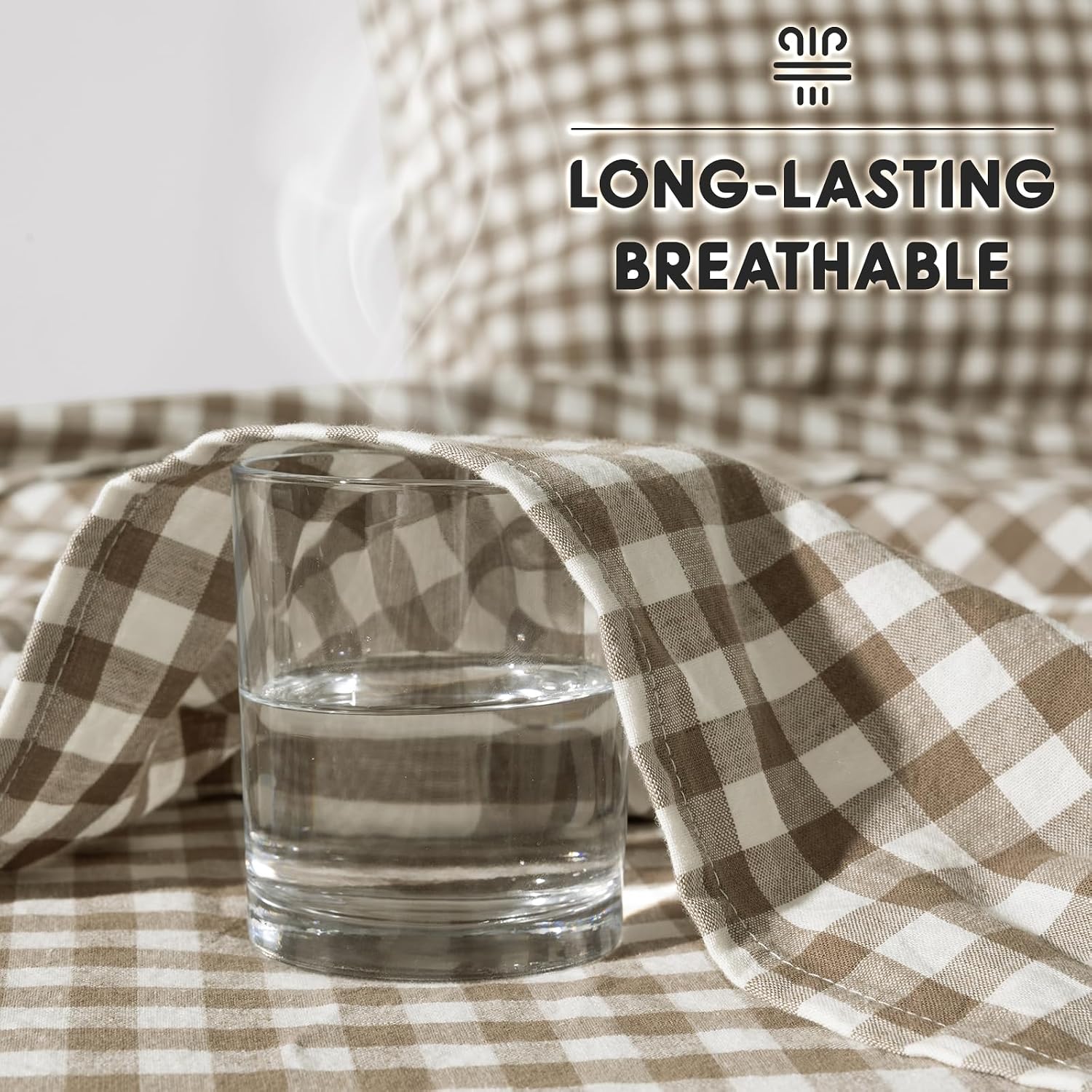 SONORO KATE 100% French Pure Linen Sheets, Breathable and Durable Linen Queen Size Sheets, Anti-Tear Linen Bed Sheets, Machine Washable, 16 Inch Deep Pocket - 4 Piece (Brown & White Plaid)