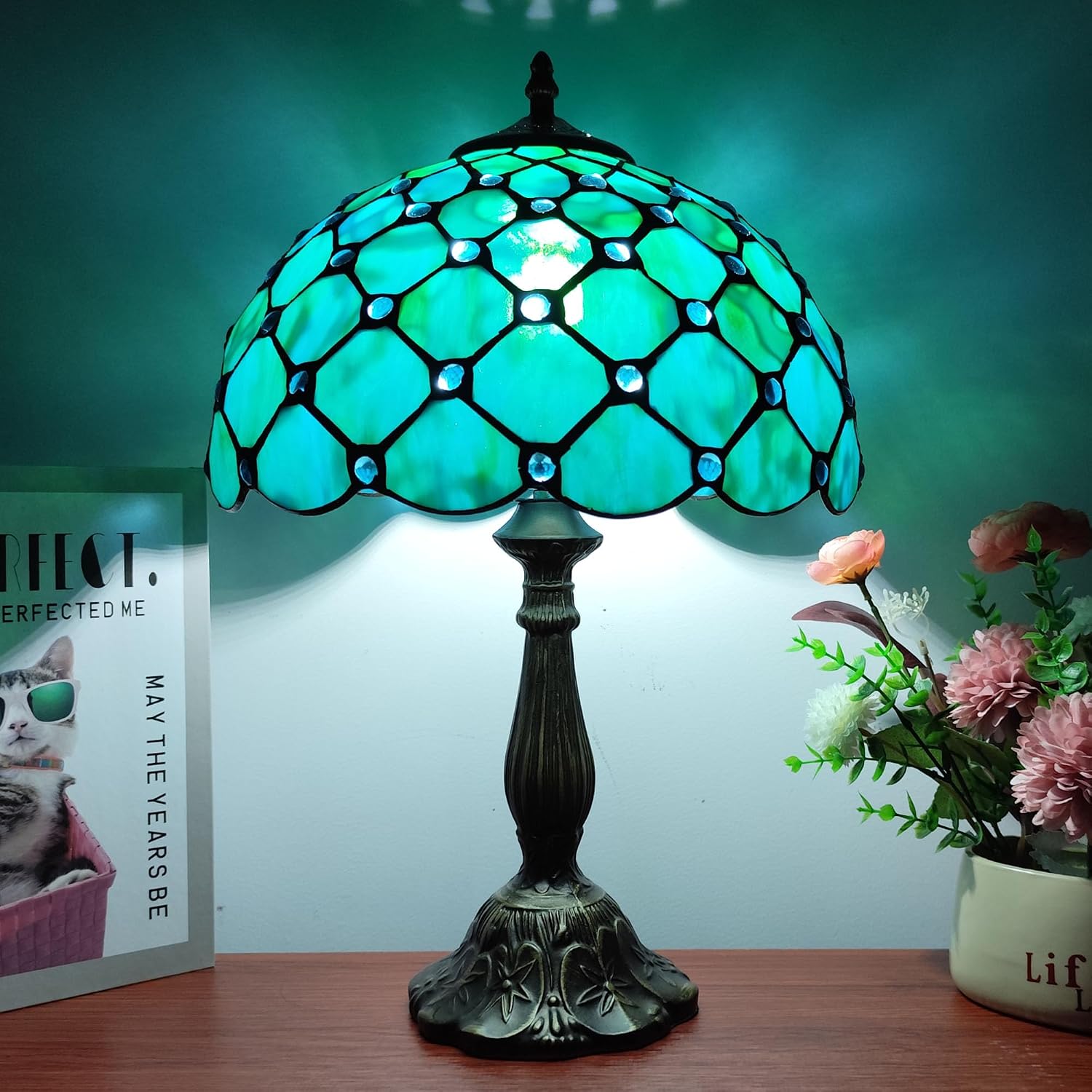 Tiffany Lamp Stained Glass Table Lamp Antique Bedside Desk Reading Light 3-Way Color LED Living Room Nightstand Light 12X12X19 Inches Home Office Desk Light