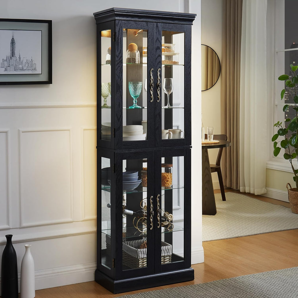 71' H Lighted Wooden Curio Cabinet, Freestanding Glass Display Case with Tempered Glass Door, Adjustable Shelves and Mirrored Back Panel, Decorative Cabinet for Living Room,Office (Black)