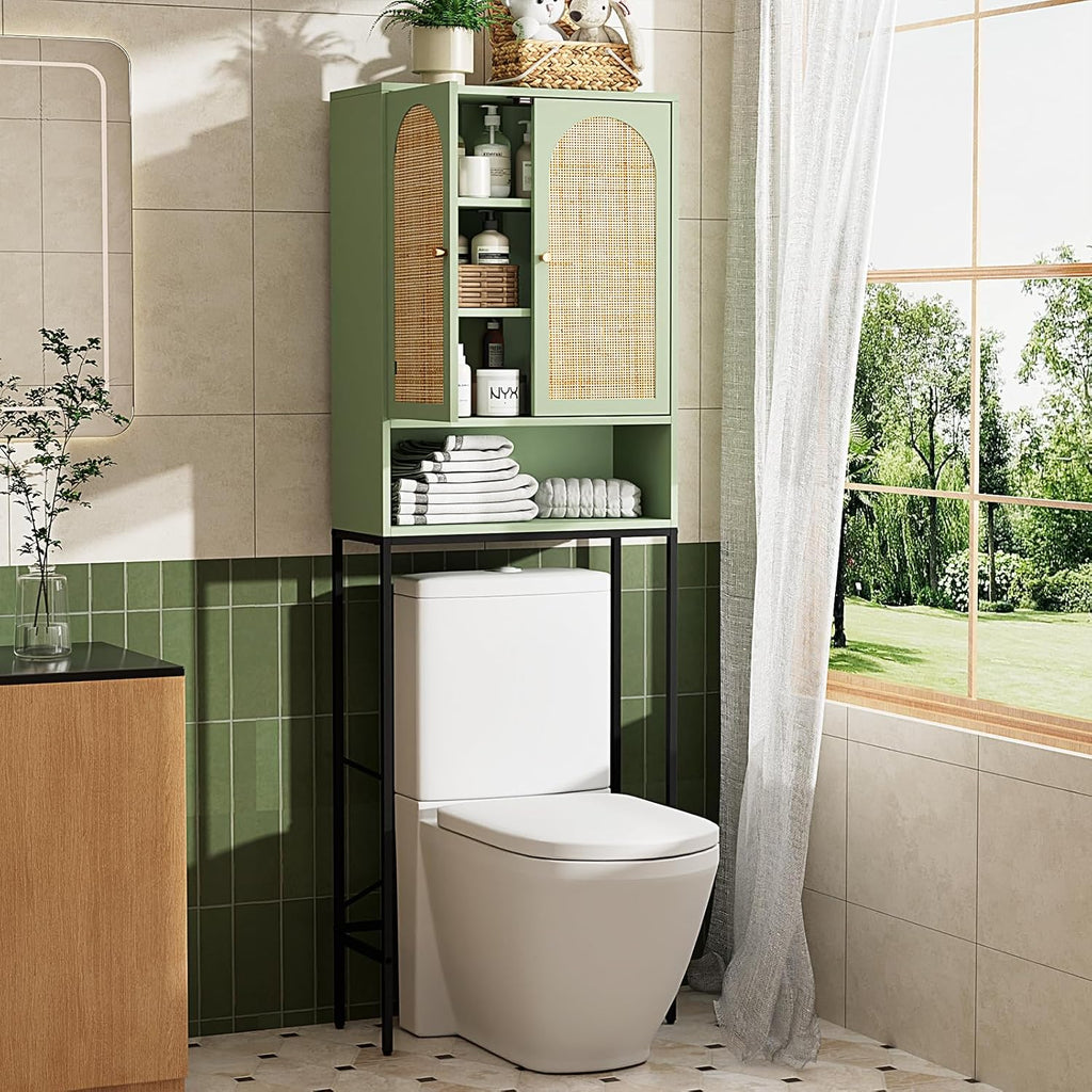 VINGLI Over The Toilet Storage Cabinet, Sage Green Rattan Bathroom Organizer Over Toilet with Adjustable Shelf, Freestanding Space Saver Stand with Soft-Close Doors for Restroom Laundry, Boho Modern