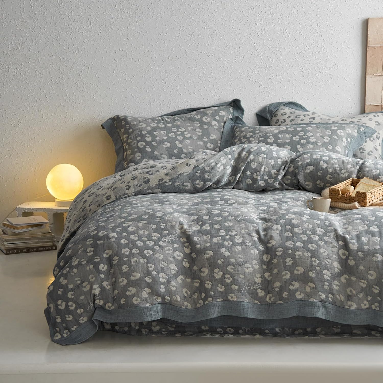 Jacquard Leopard Duvet Cover King Yarn-Dyed Linen Cotton Duvet Cover Vintage Grey Leopard Print Bedding Set Muslin Cotton Jacquard Comforter Cover Leopard Pattern Floral Duvet Cover for Men Women