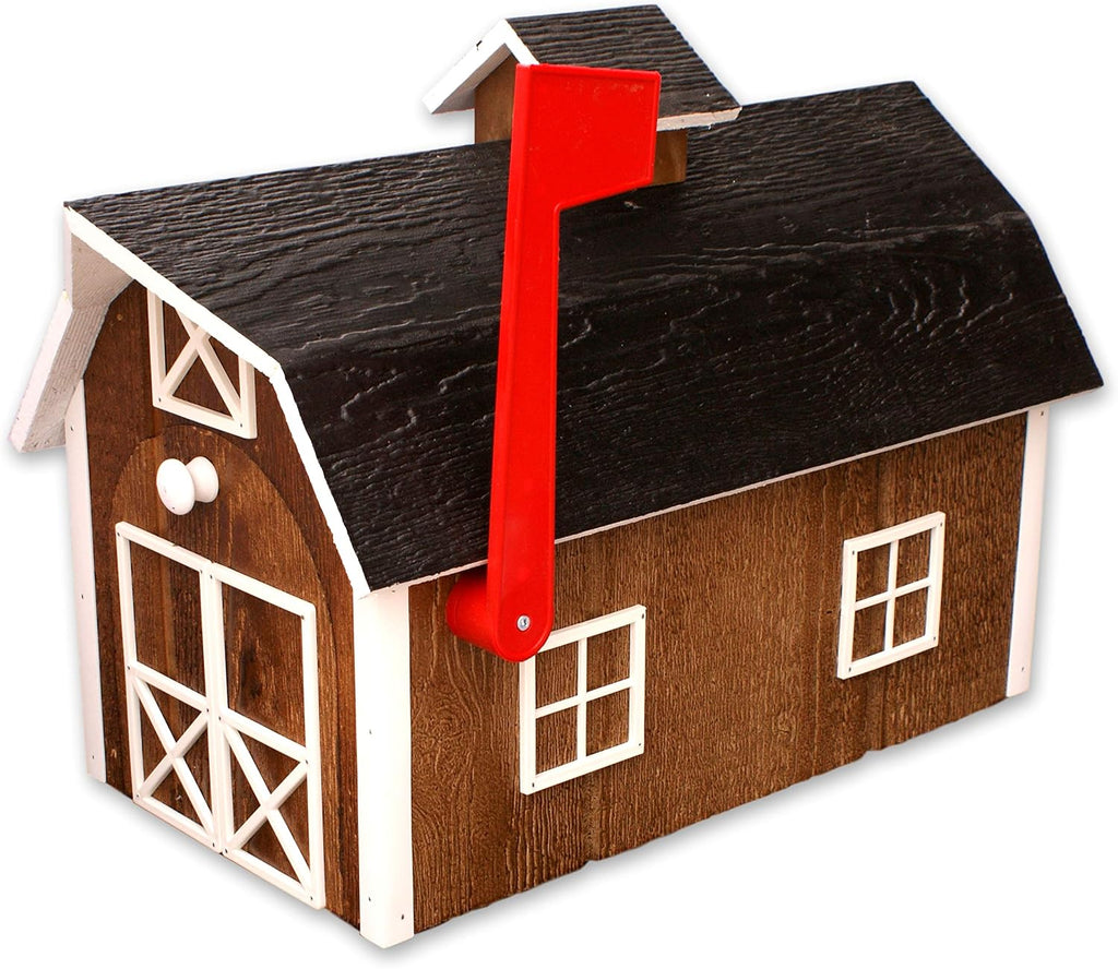 AmishToyBox Deluxe Wooden Mailbox, Dutch Barn Style (Chestnut with White Trim), Amish-Made