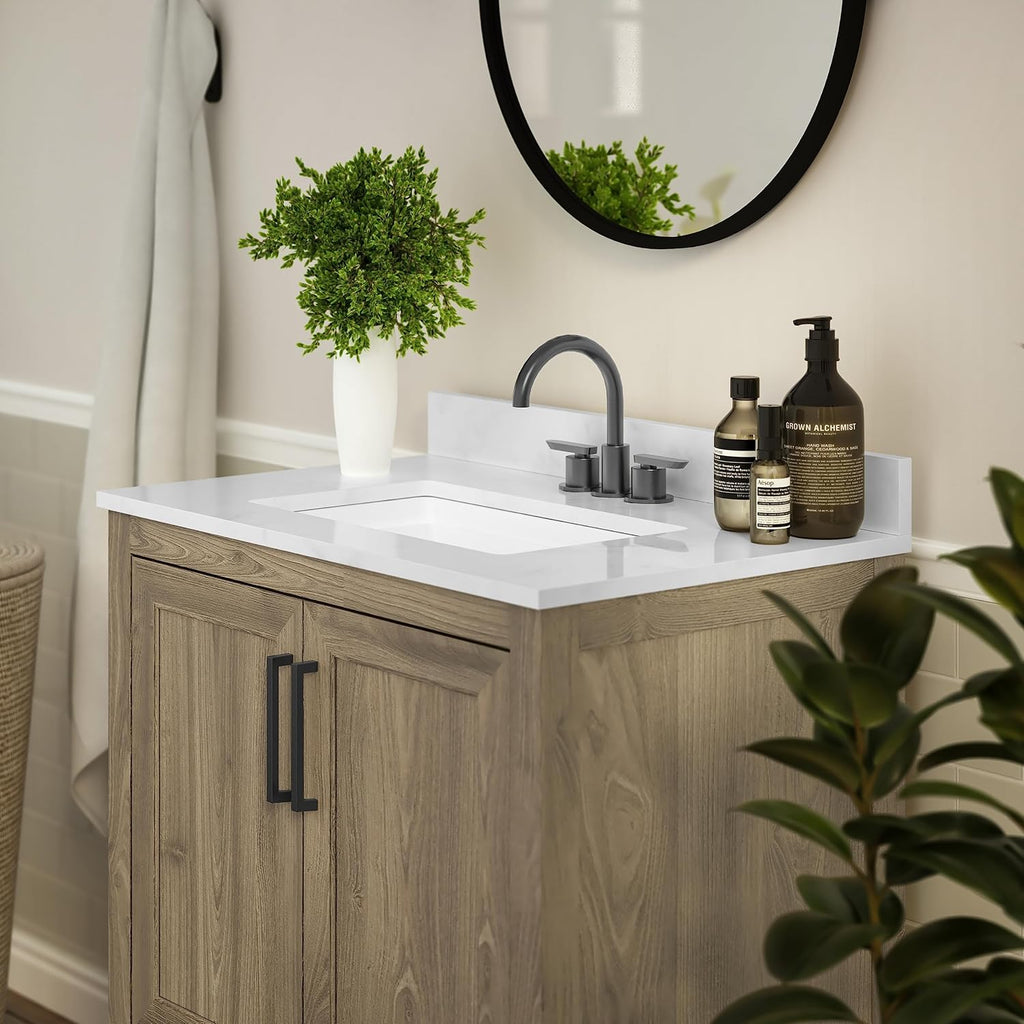 Flash Furniture Vega 30 Inch Bathroom Vanity with Sink Combo, Storage Cabinet with Soft Close Doors and Open Shelf, Carrara Marble Finish Countertop, Brown/White
