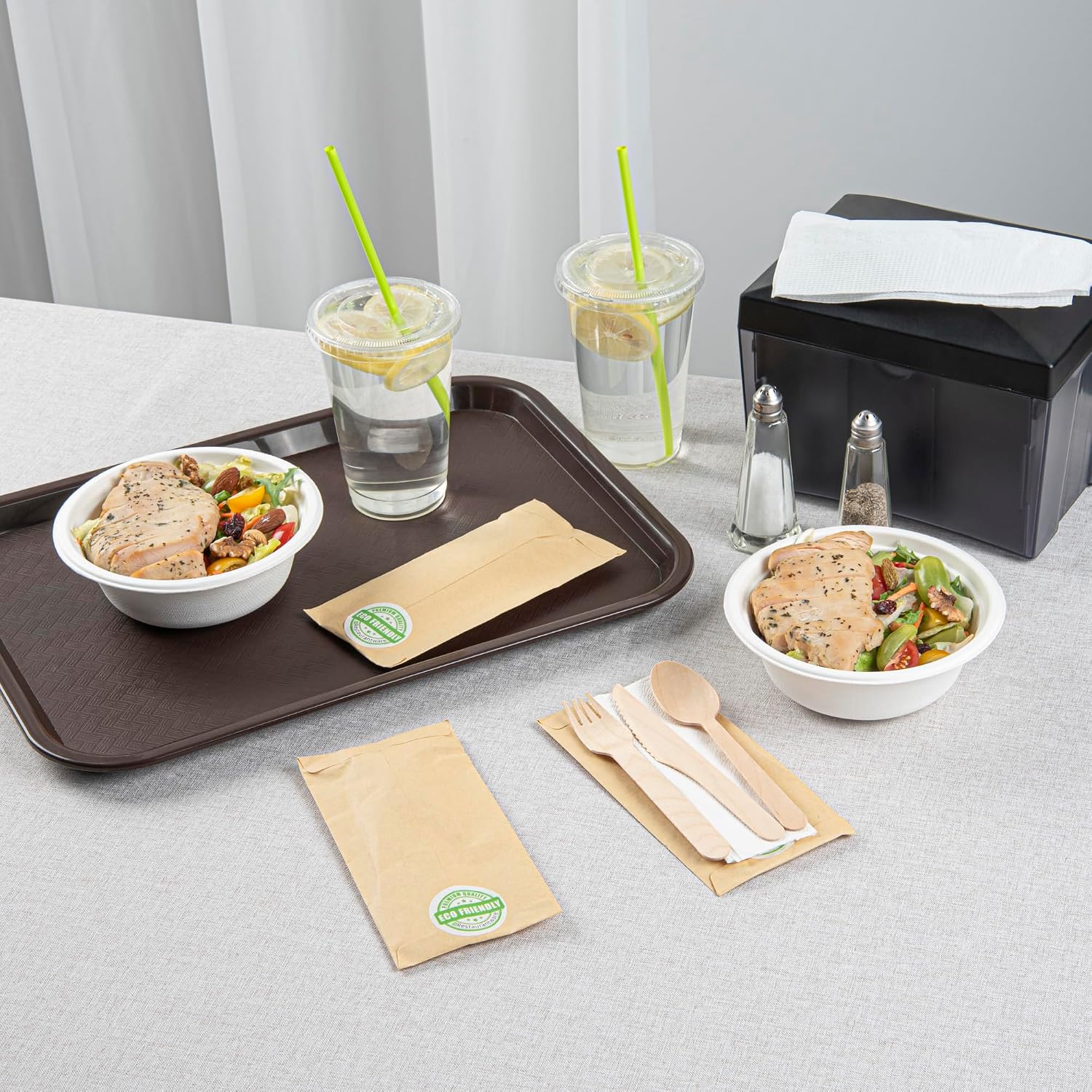 Restaurantware Eco Luxe 7 x 3.5 Inch Wooden Cutlery Set 100 Disposable Take Out Utensils - Includes White Napkin Prepackaged Birch Wood Utensil Sets Sustainable For Parties Or Picnics