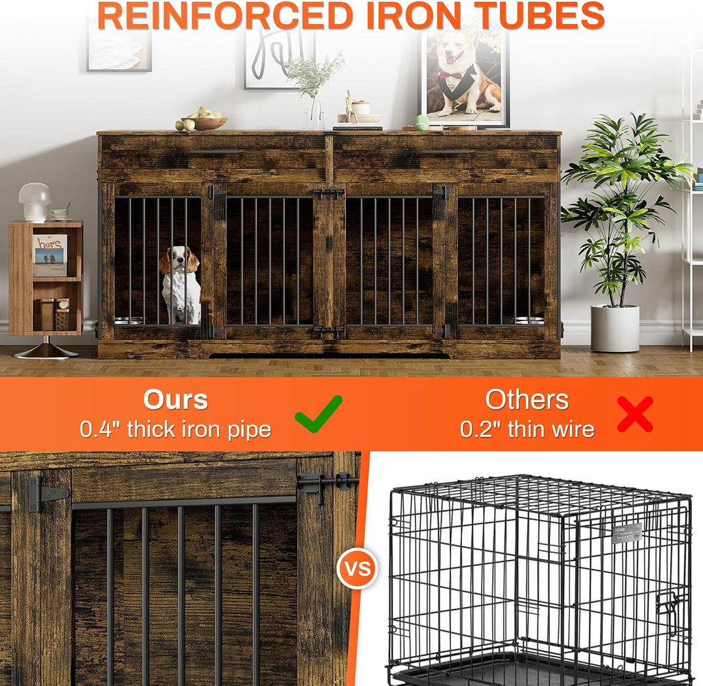 Rophefx 72' Dog Crate Furniture for 2 Dogs, Large Dog Kennel Furniture with 2 Storage Drawer and 4 Bowls, Wooden Dog Cage with Removable Divider, Indoor Dog House TV Stand for Medium Dog, Rustic Brown
