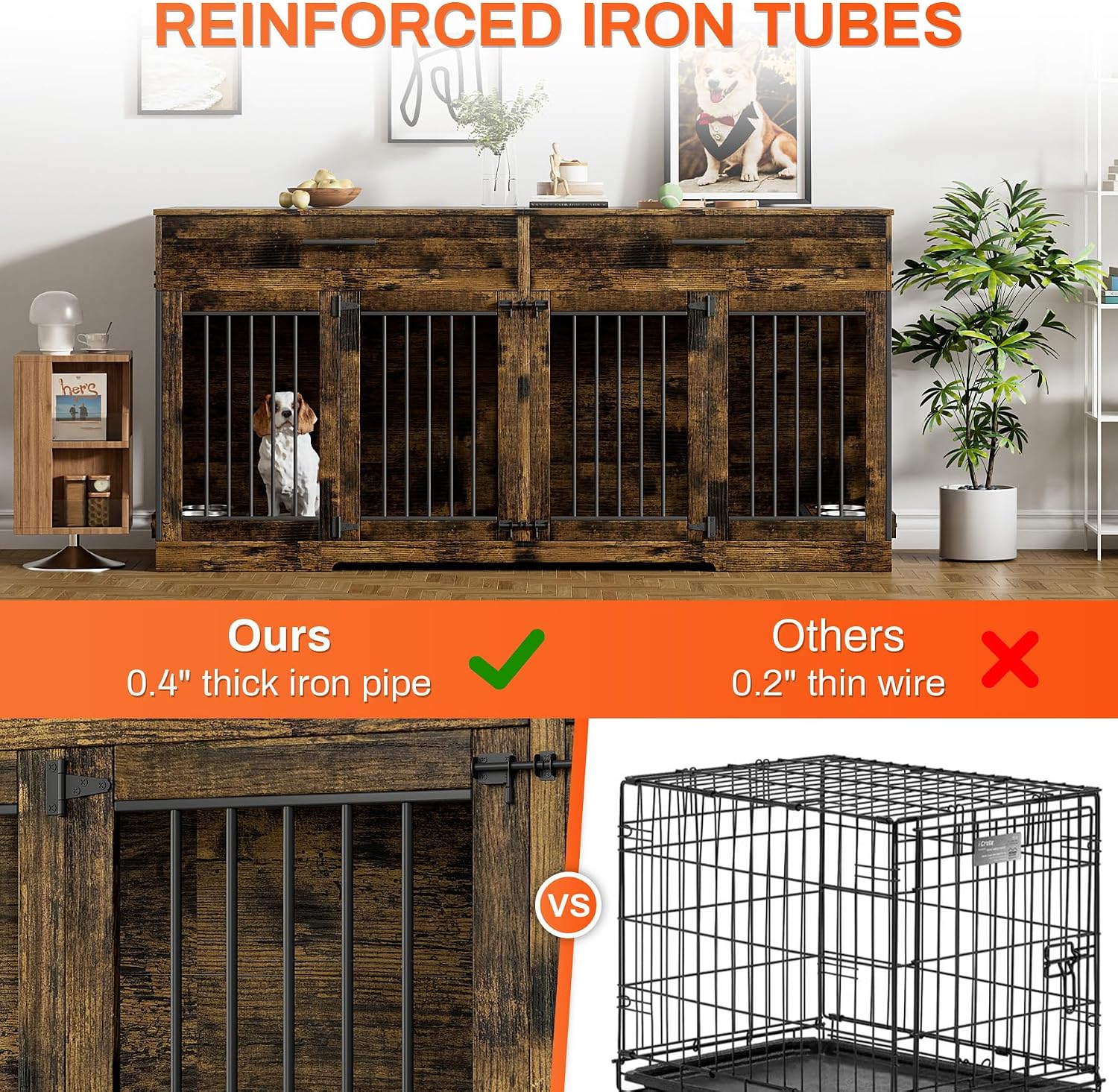Rophefx 72' Dog Crate Furniture for 2 Dogs, Large Dog Kennel Furniture with 2 Storage Drawer and 4 Bowls, Wooden Dog Cage with Removable Divider, Indoor Dog House TV Stand for Medium Dog, Rustic Brown