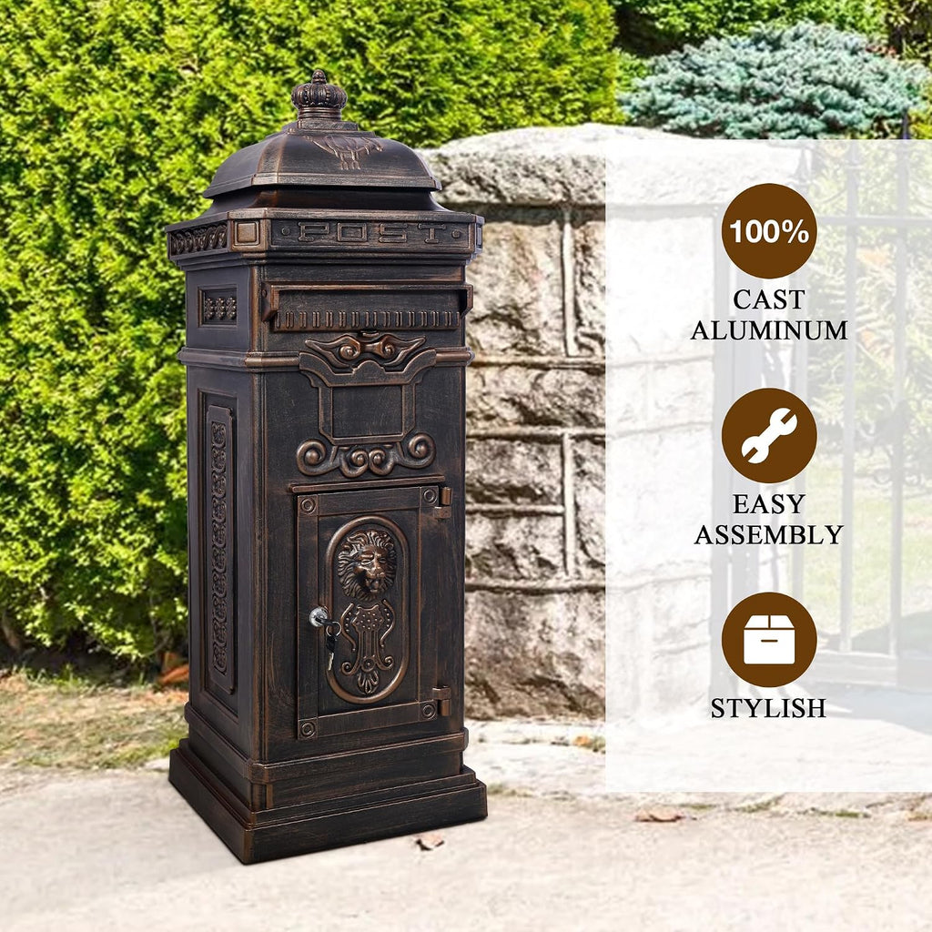 Vintage Large-Capacity Cast Aluminum Mailbox, Outdoor Weatherproof Floor Standing Postbox, Decorative Copper Finish Letter Box with Lock, Roman Column Design for Home Use (Bronze)