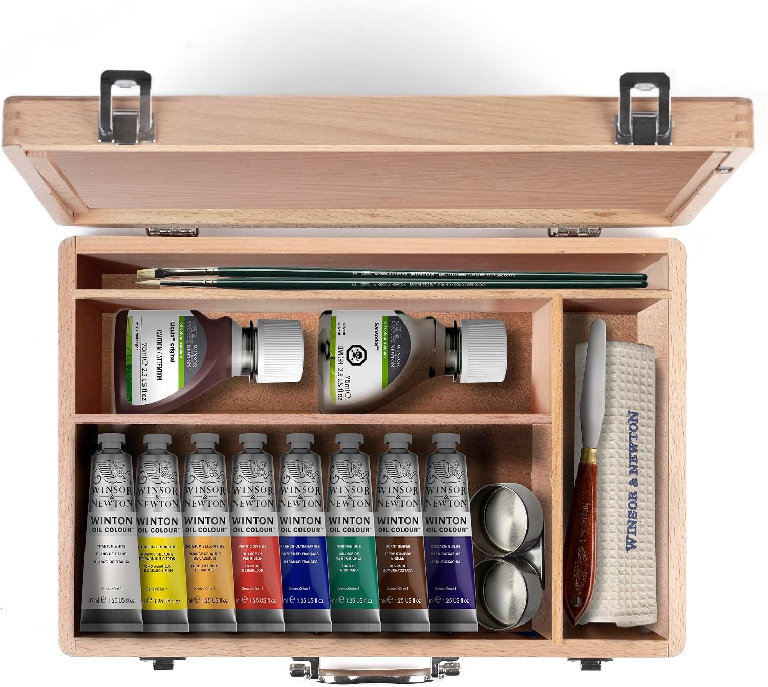 Winsor & Newton Winton Oil Colour, Wooden Paint Set 8 x 37ml Tubes (includes Liquin, Sansodor, 2 Brushes, Knife, Cloth, Godet)