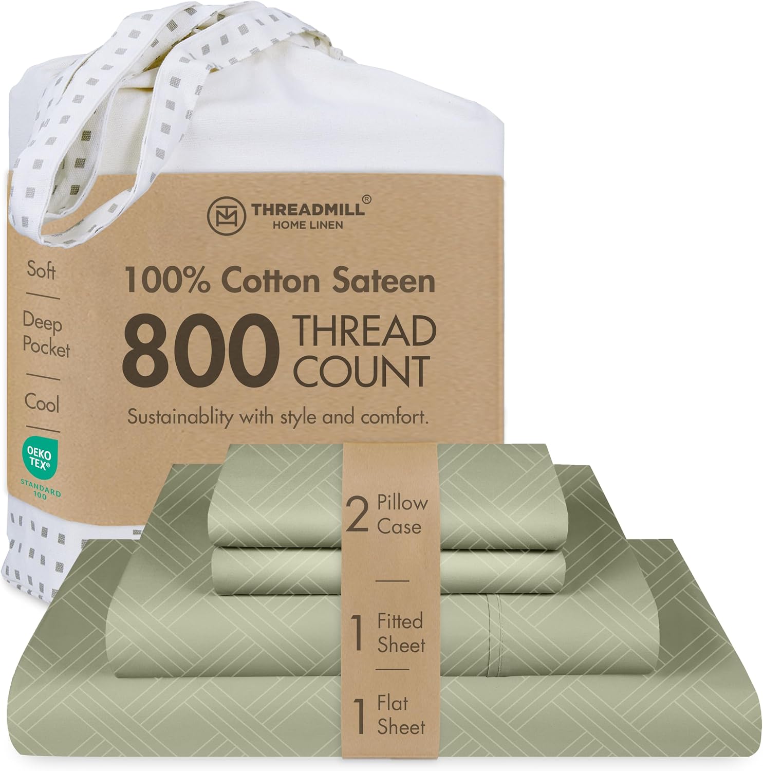 Threadmill California King Size Sheets | 800 Thread Count Jacquard Celine Sage Green | 4 Piece Striped Bed Sheets | Extra Long Staple Cotton Sheet | Luxury Damask Sheets with Elasticized Deep Pocket