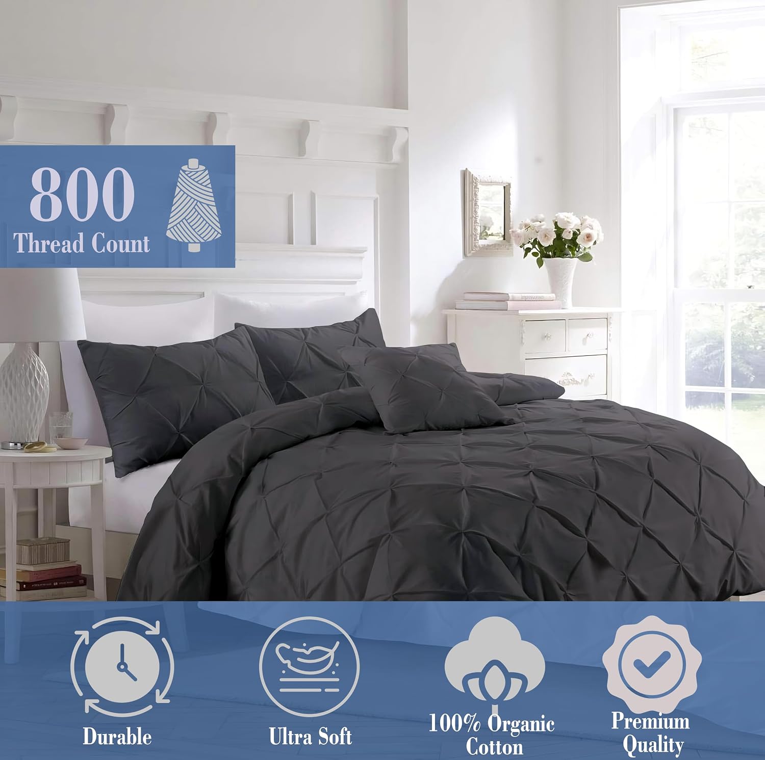 Pinch Duvet Cover Set Oversized Queen Size 1 Duvet Cover with 2 Pillow Shams 3-Pc Comforter Cover with Zipper Closure & Corner Tie 100% Egyptian Cotton Cover (98x98 Inch, Dark Gray)
