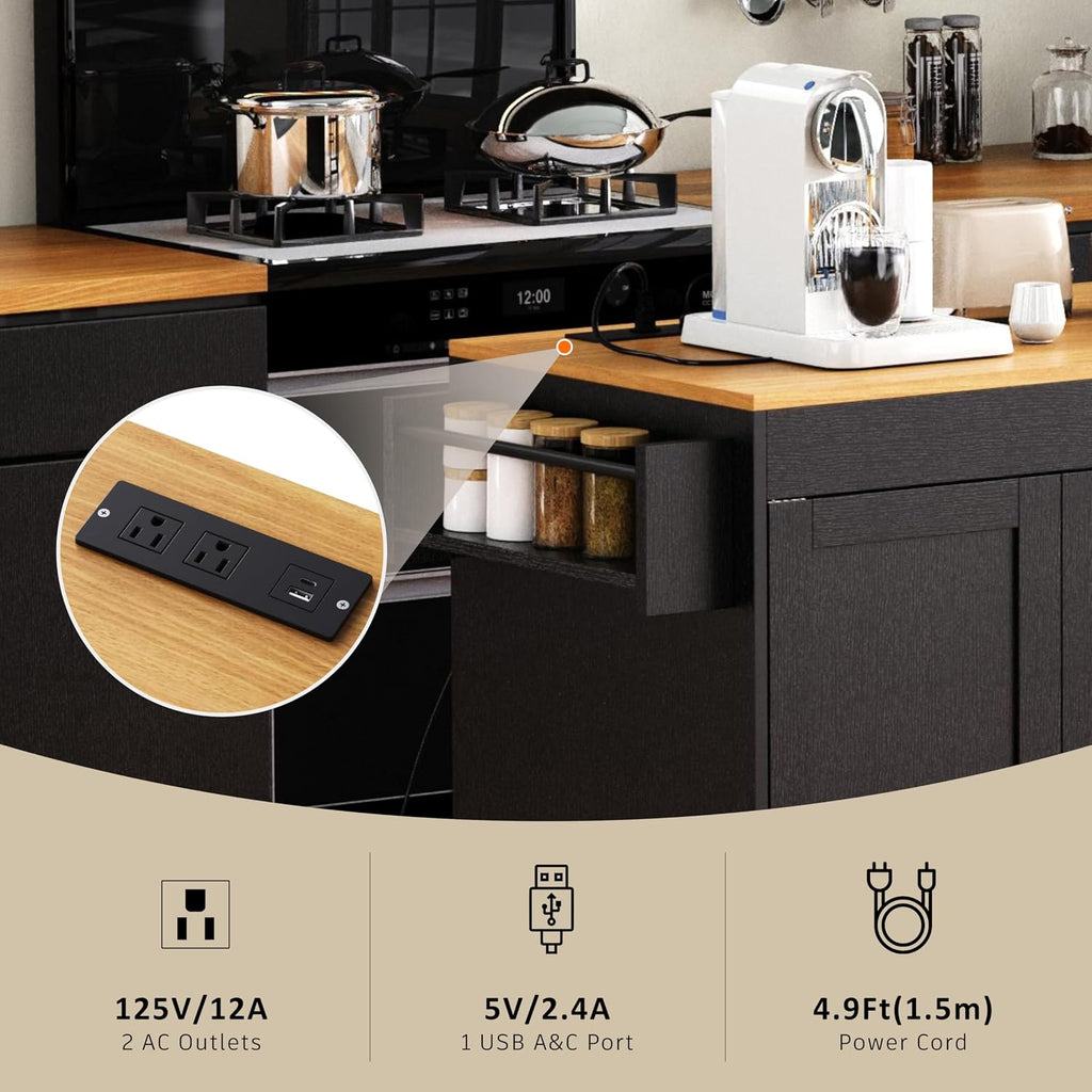 RUNNA Kitchen Island with Extendable Dining Table,Storage Cart with 3 Drawers,Power Outlet,Rolling Island on Wheels with Spice Rack and 2 Door Cabinet,for Kitchen (Black@01)
