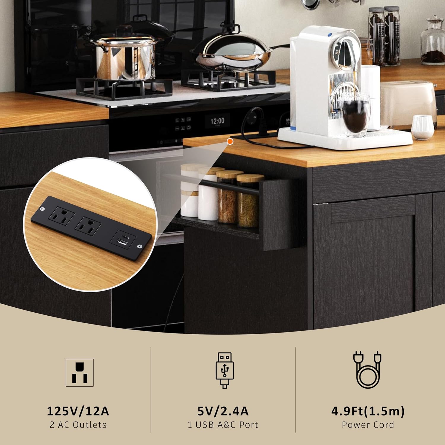 RUNNA Kitchen Island with Extendable Dining Table,Storage Cart with 3 Drawers,Power Outlet,Rolling Island on Wheels with Spice Rack and 2 Door Cabinet,for Kitchen (Black@01)