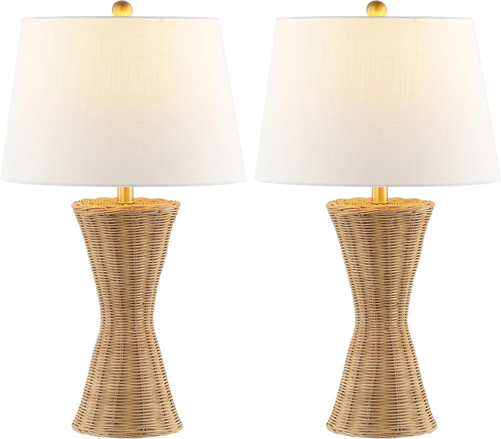 JONATHAN Y 27' Natural Woven Rattan Hourglass Table Lamp Coastal Geometric Wicker Bedside Lamp for Living Room Bedroom with White Fabric Shade Set of 2 LED Bulbs Included JYL4048A-SET2